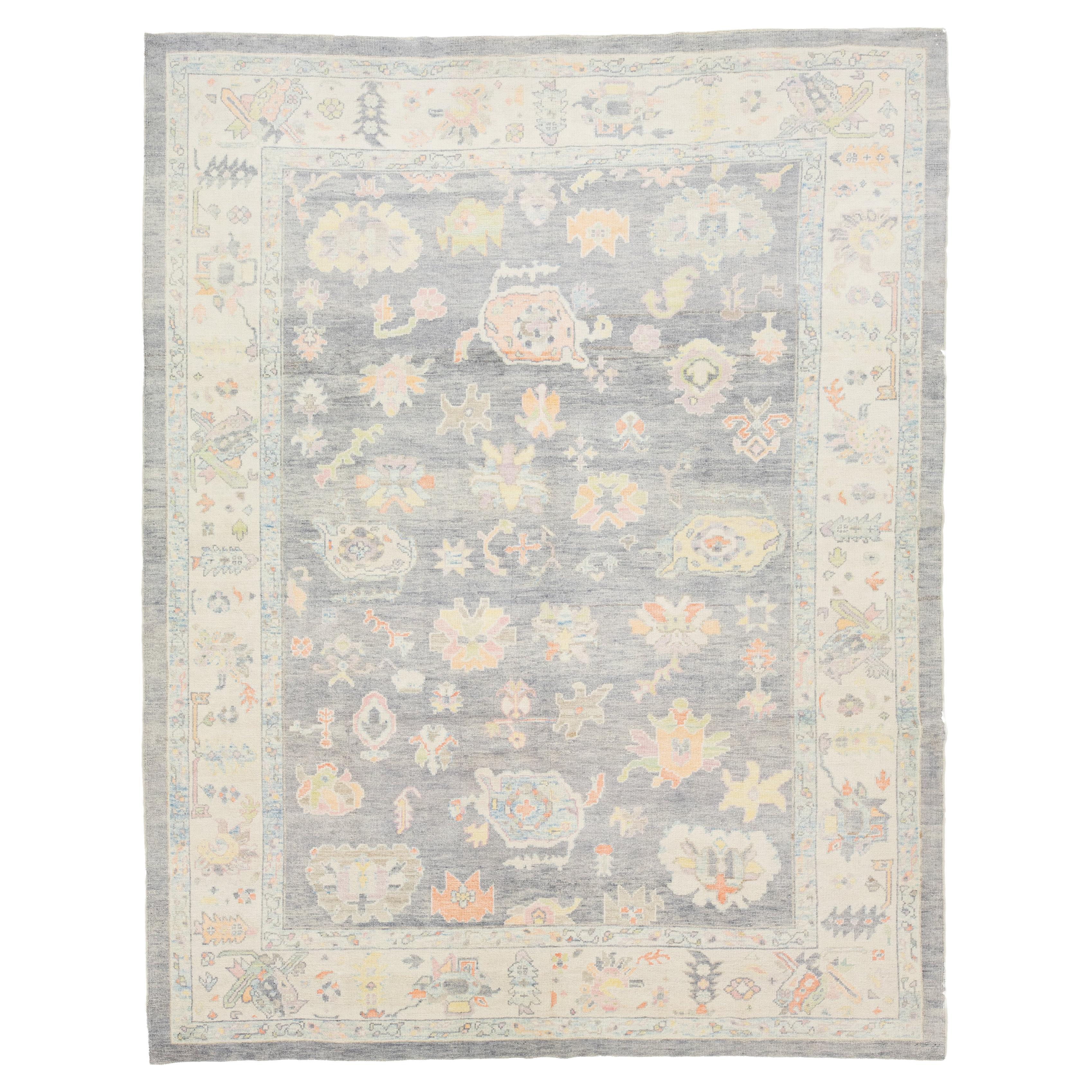Room Size Contemporary Turkish Oushak Floral Wool Rug In Gray
