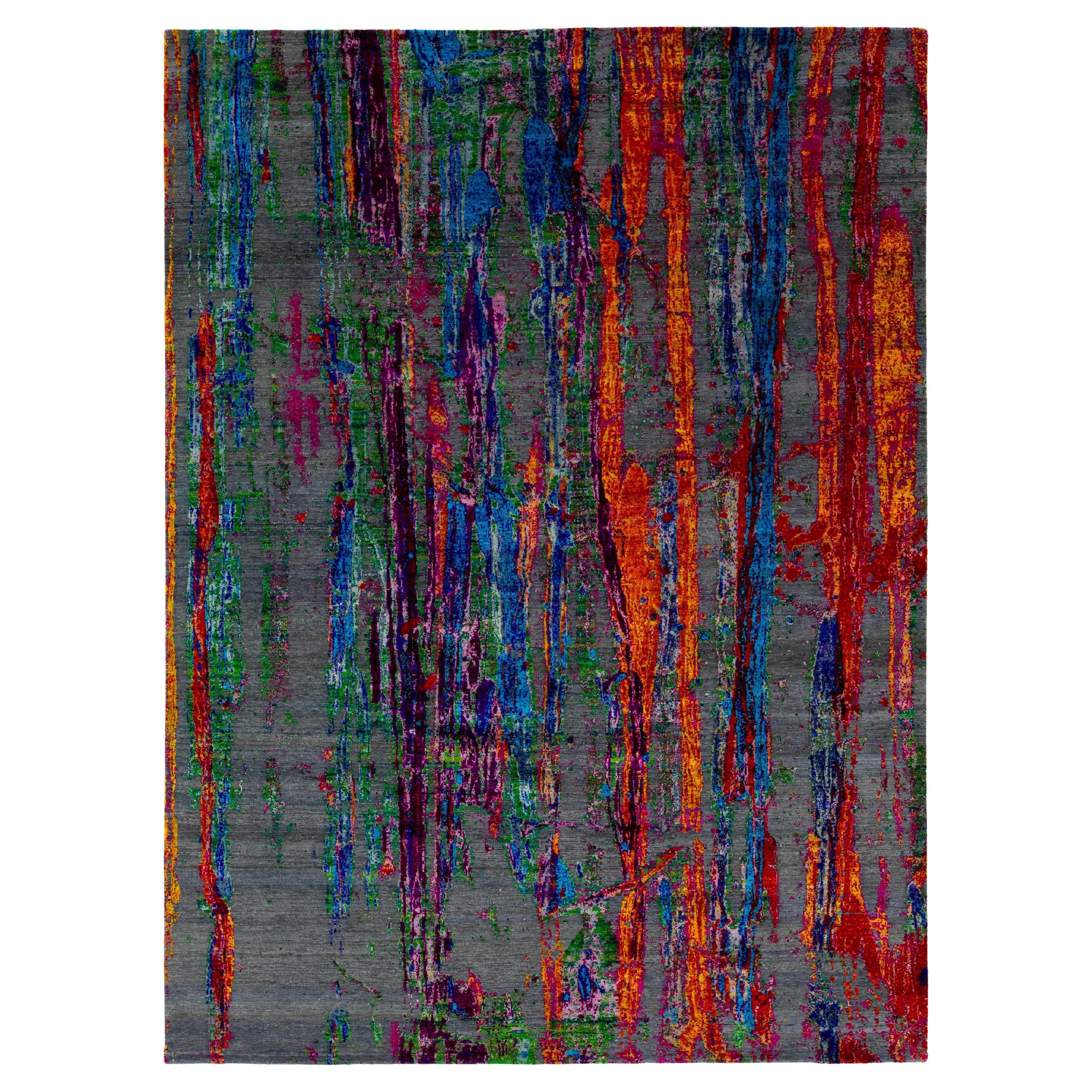 Room Size Contemporary Wool and Silk Rug With Multicolored Design