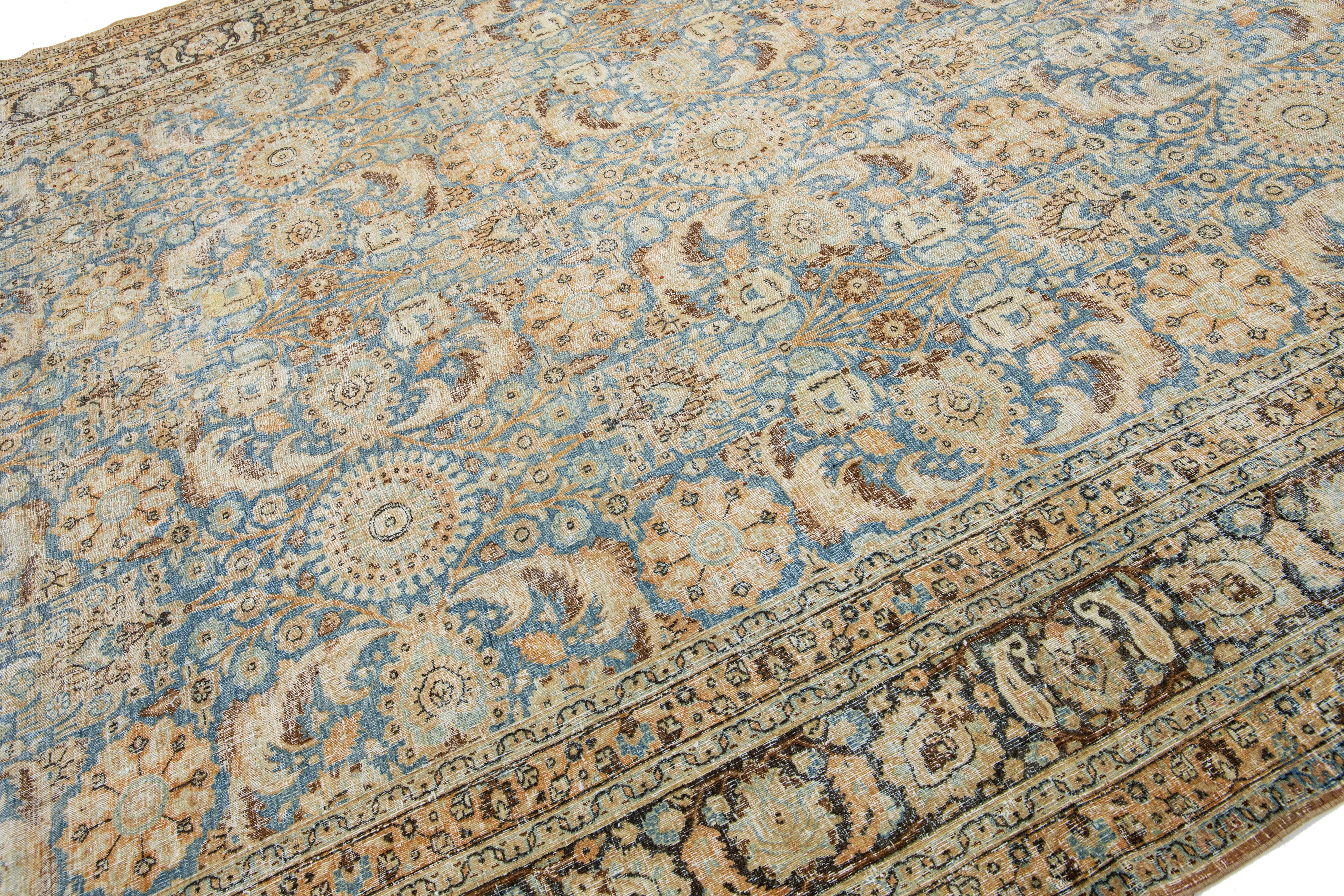 Hand-Knotted Room Size Floral Antique Persian Tabriz Wool Rug In Blue For Sale