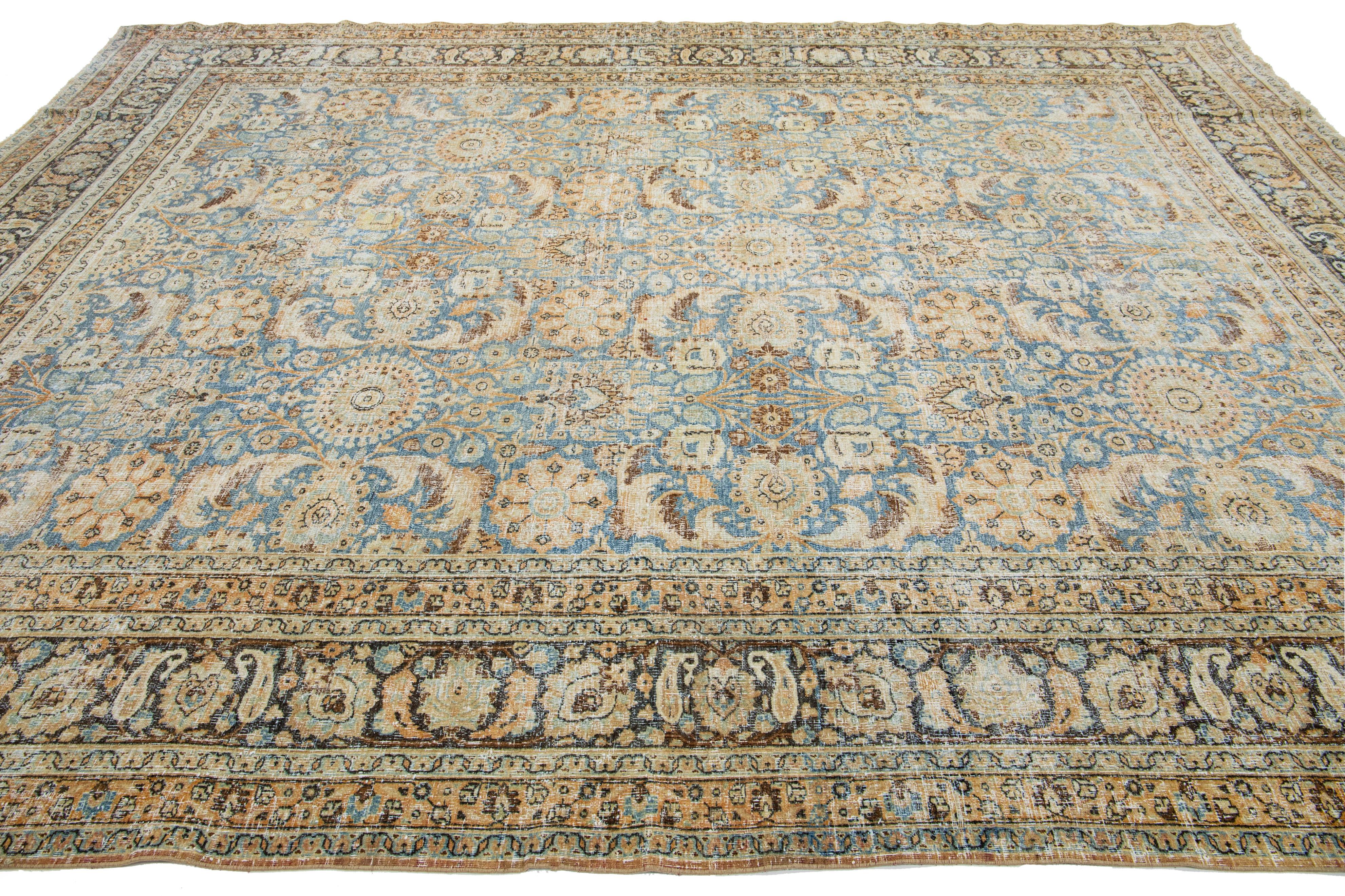 Room Size Floral Antique Persian Tabriz Wool Rug In Blue In Excellent Condition For Sale In Norwalk, CT