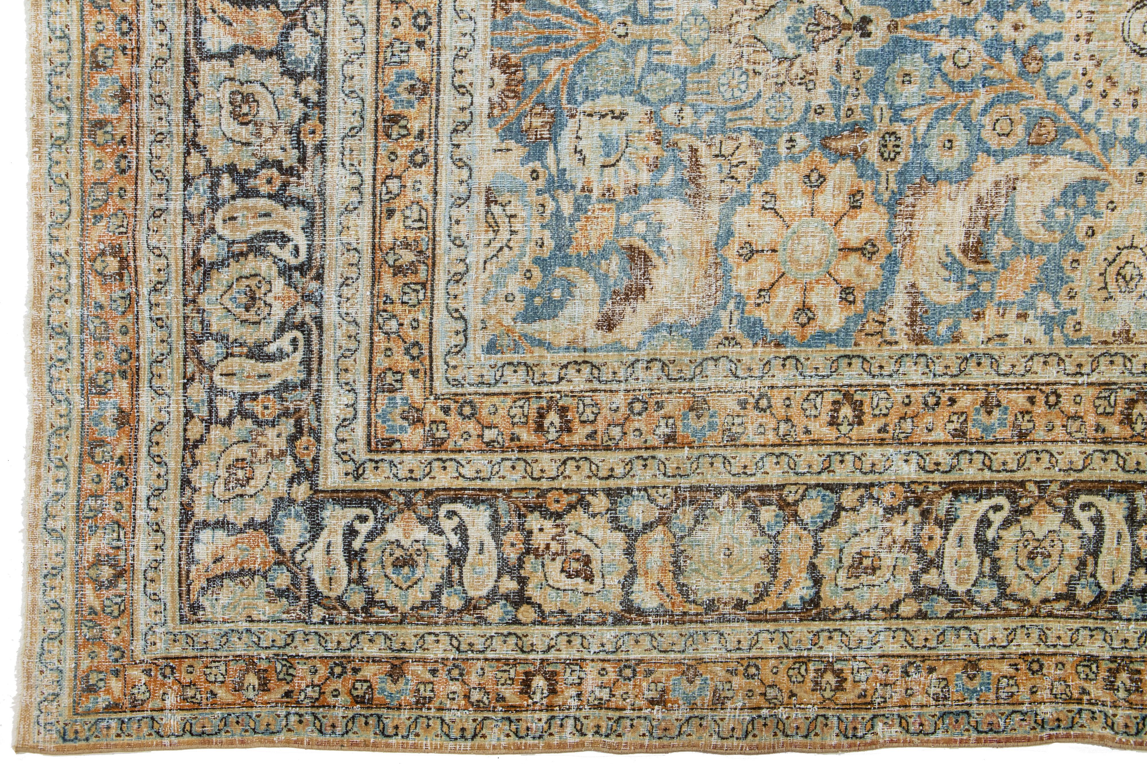 20th Century Room Size Floral Antique Persian Tabriz Wool Rug In Blue For Sale