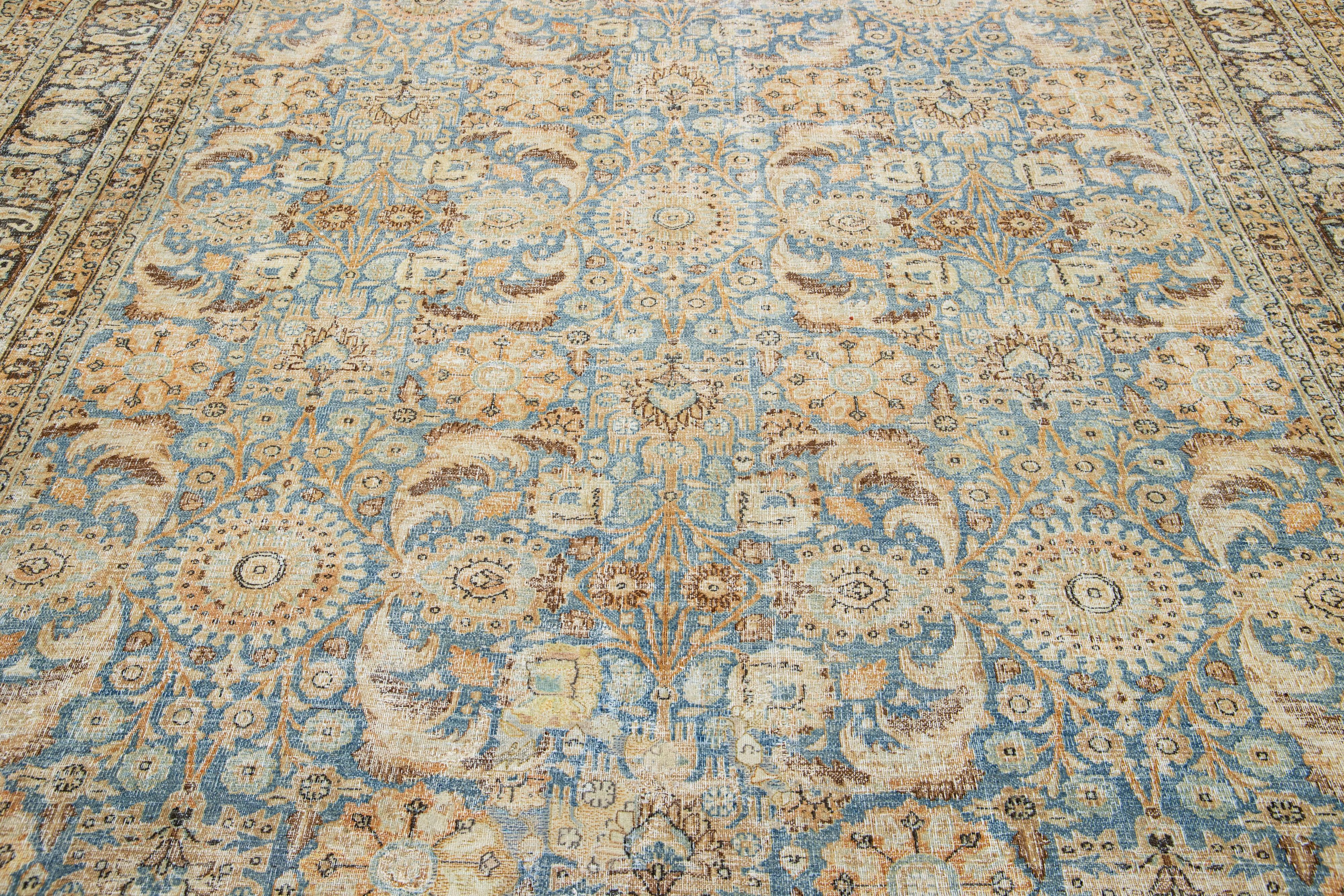 Room Size Floral Antique Persian Tabriz Wool Rug In Blue For Sale 1