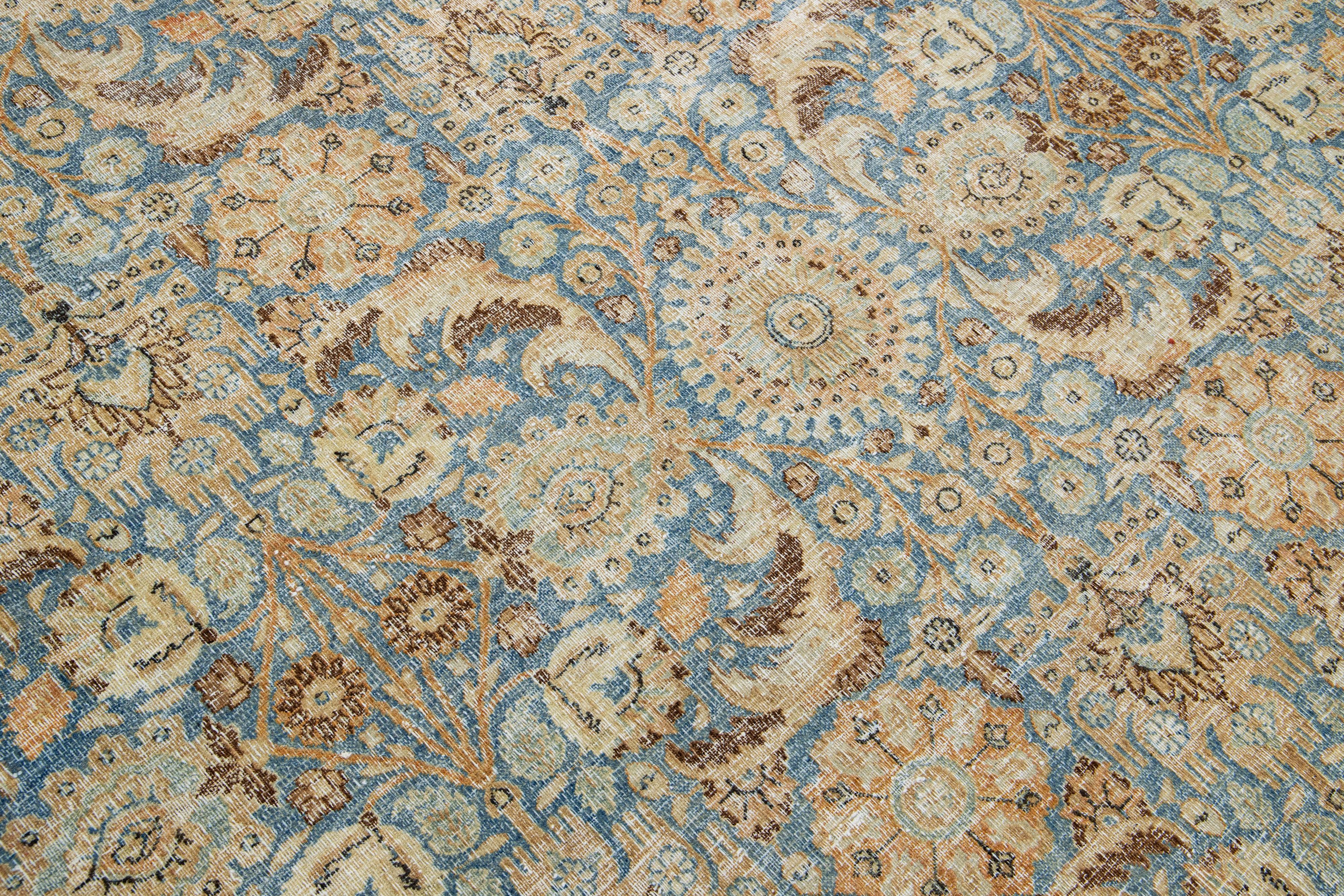 Room Size Floral Antique Persian Tabriz Wool Rug In Blue For Sale 2