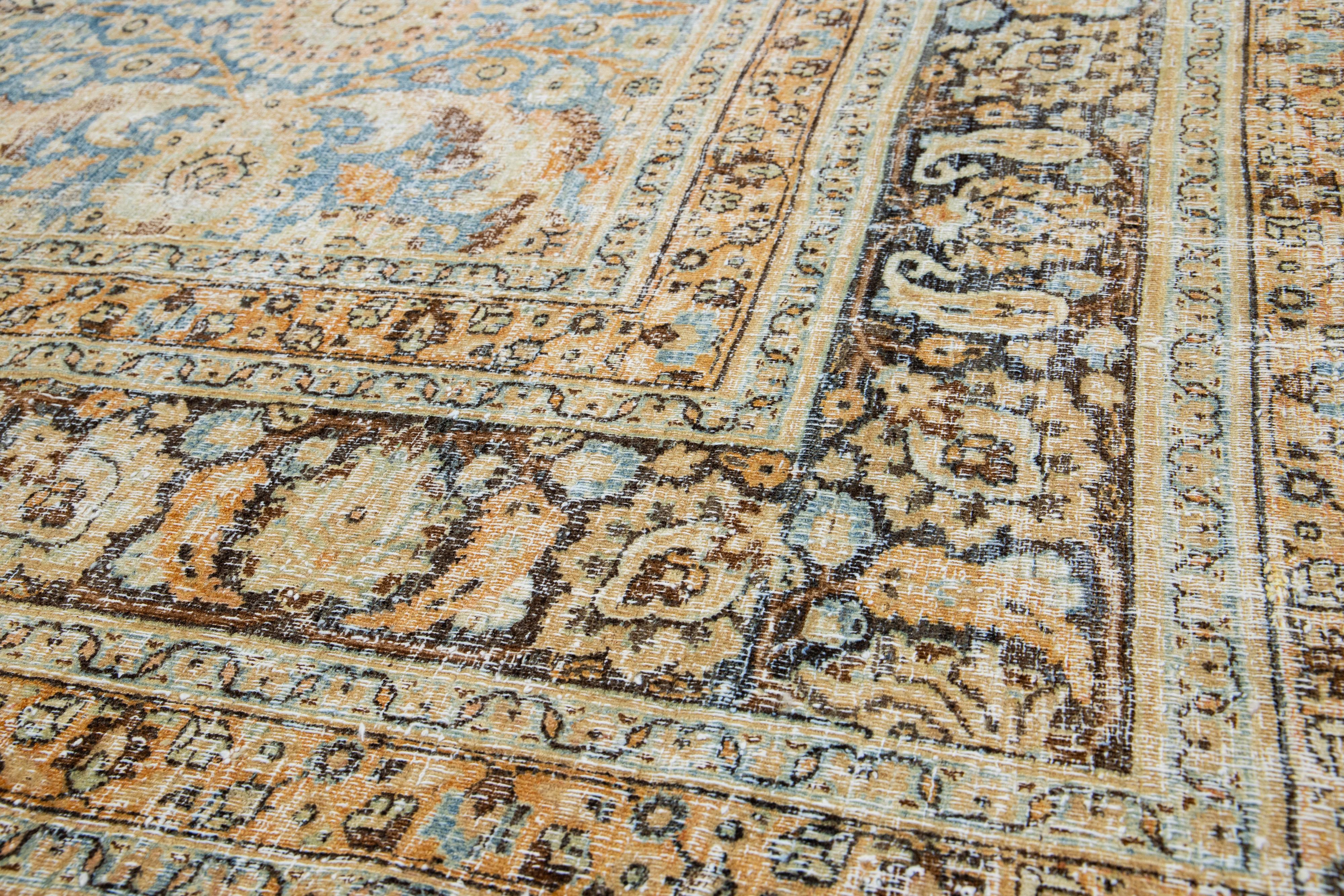 Room Size Floral Antique Persian Tabriz Wool Rug In Blue For Sale 4