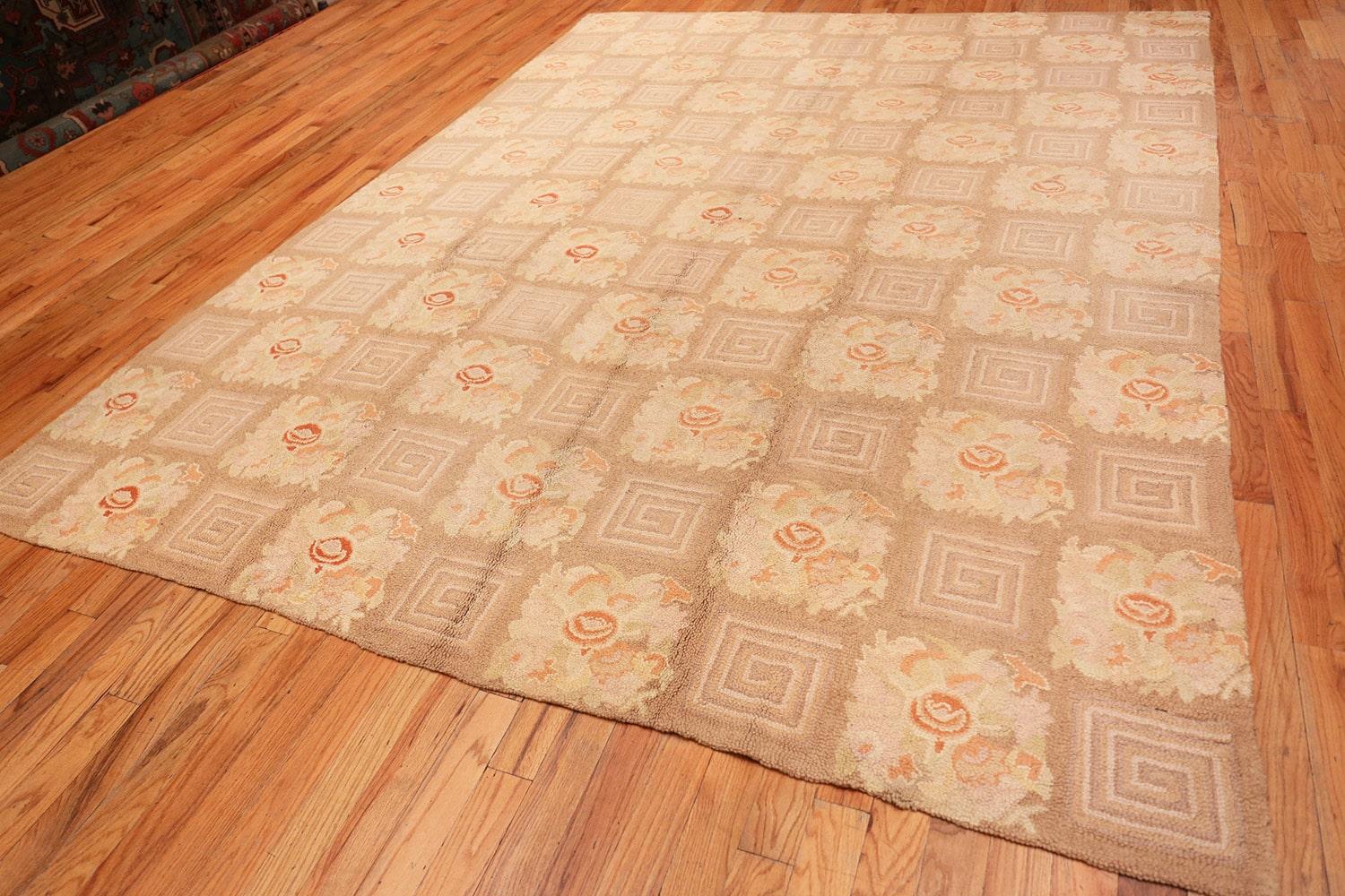 Hand-Knotted Room Size Floral Pattern Antique American Hooked Rug 8'9