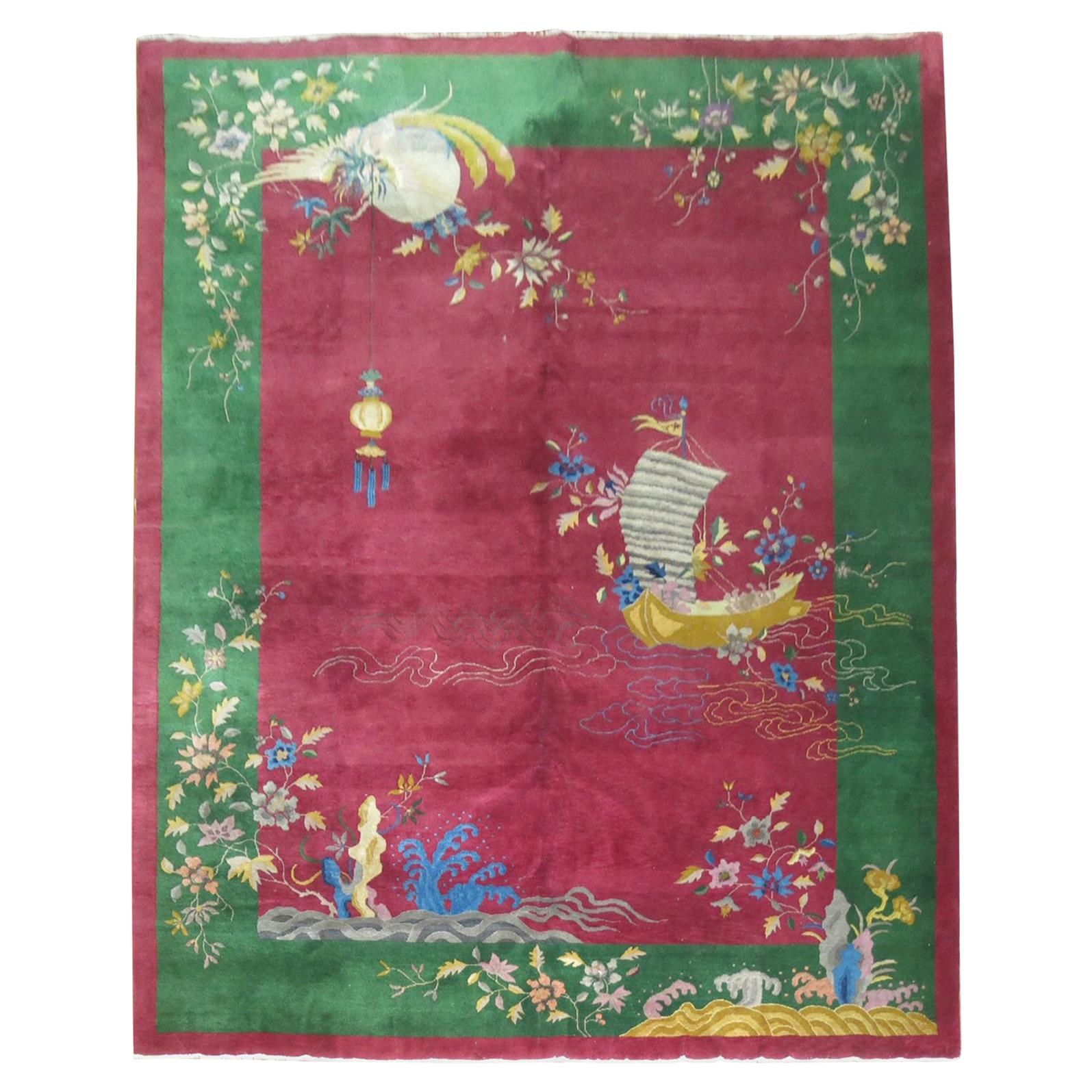 Room Size Full Pile Raspberry Ground Antique Chinese Art Deco Rug For Sale