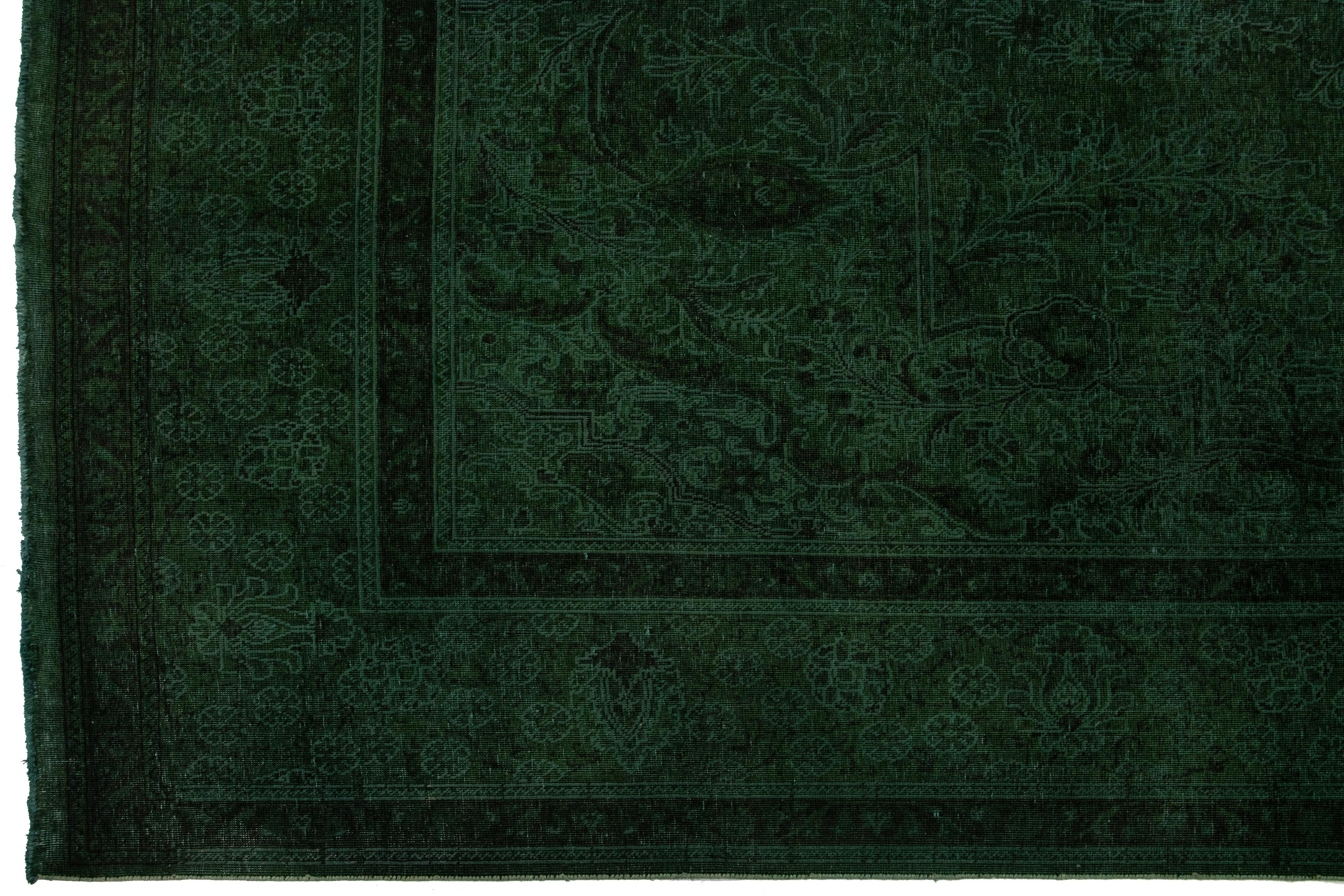 Hand-Knotted Room Size Green Overdyed Persian Designed Wool Rug With Medallion Motif For Sale