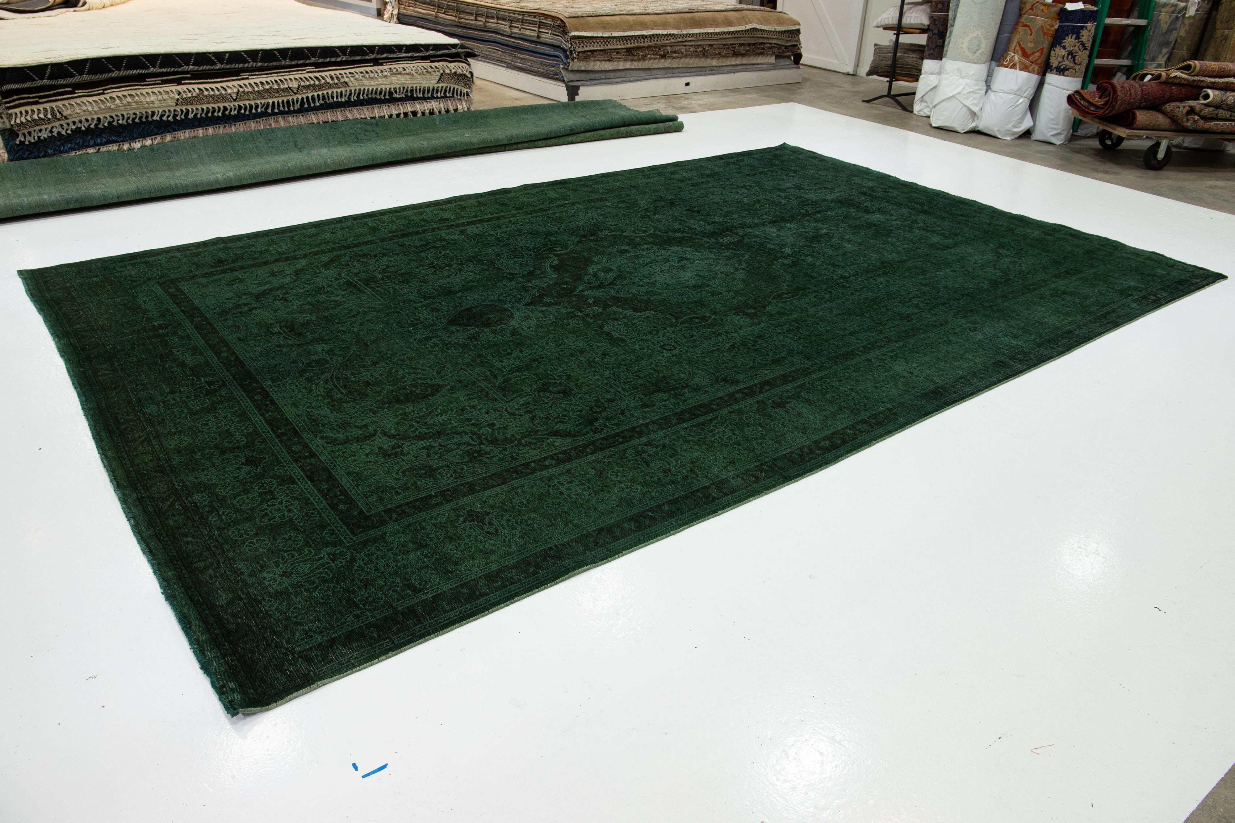 Room Size Green Overdyed Persian Designed Wool Rug With Medallion Motif In Good Condition For Sale In Norwalk, CT