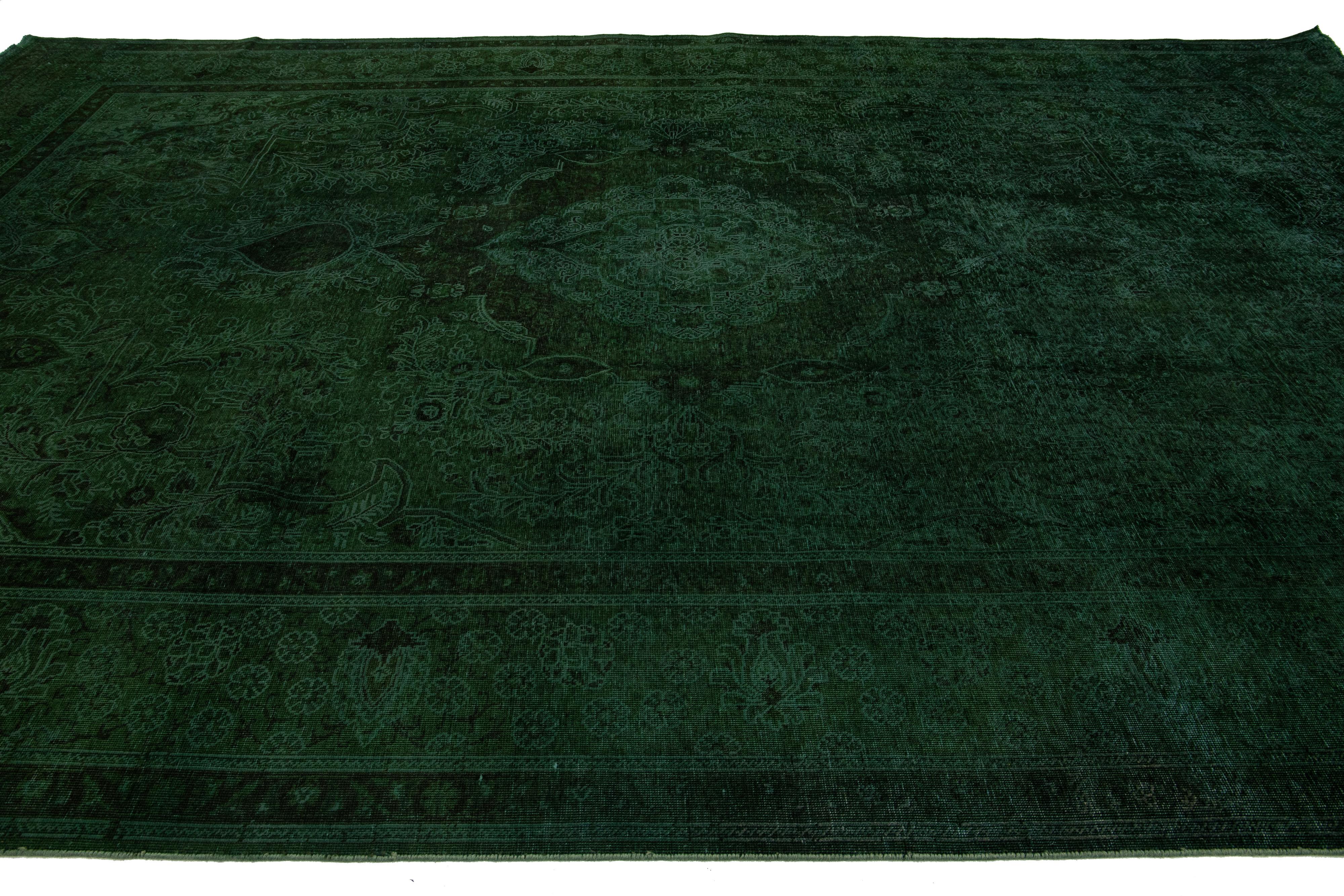 20th Century Room Size Green Overdyed Persian Designed Wool Rug With Medallion Motif For Sale