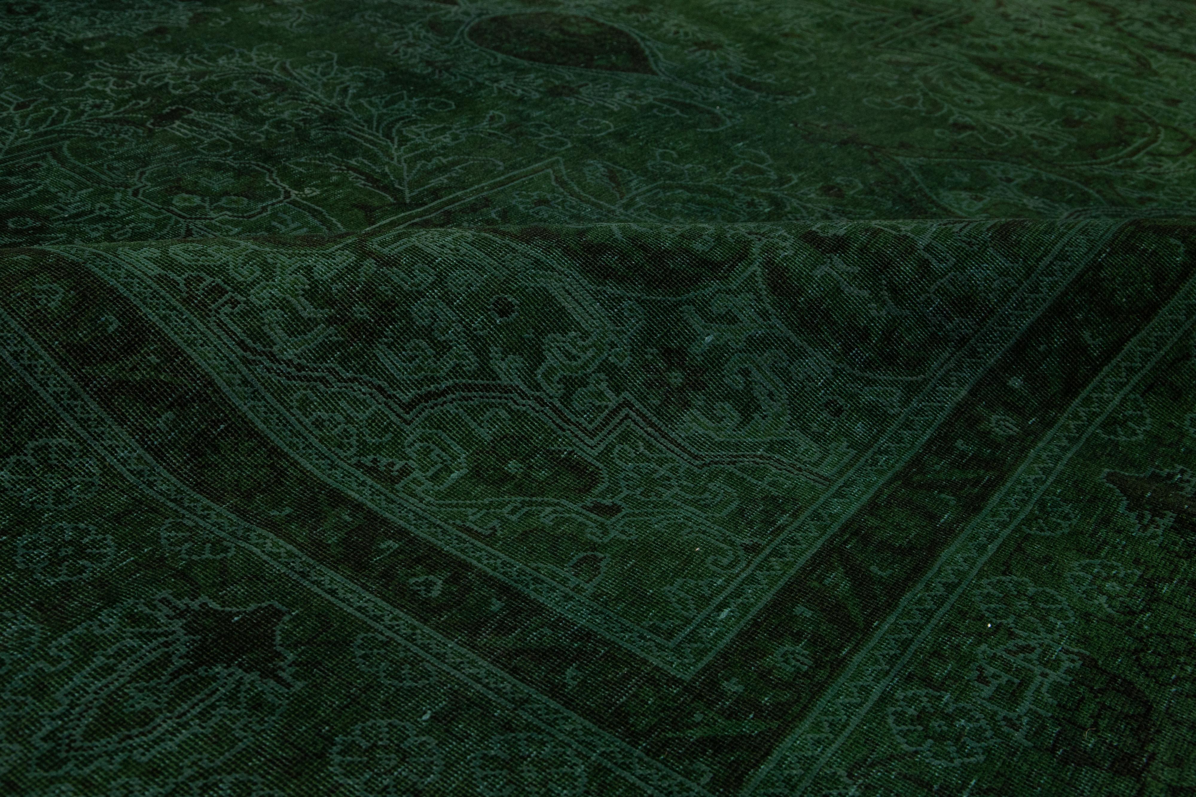 Room Size Green Overdyed Persian Designed Wool Rug With Medallion Motif For Sale 3
