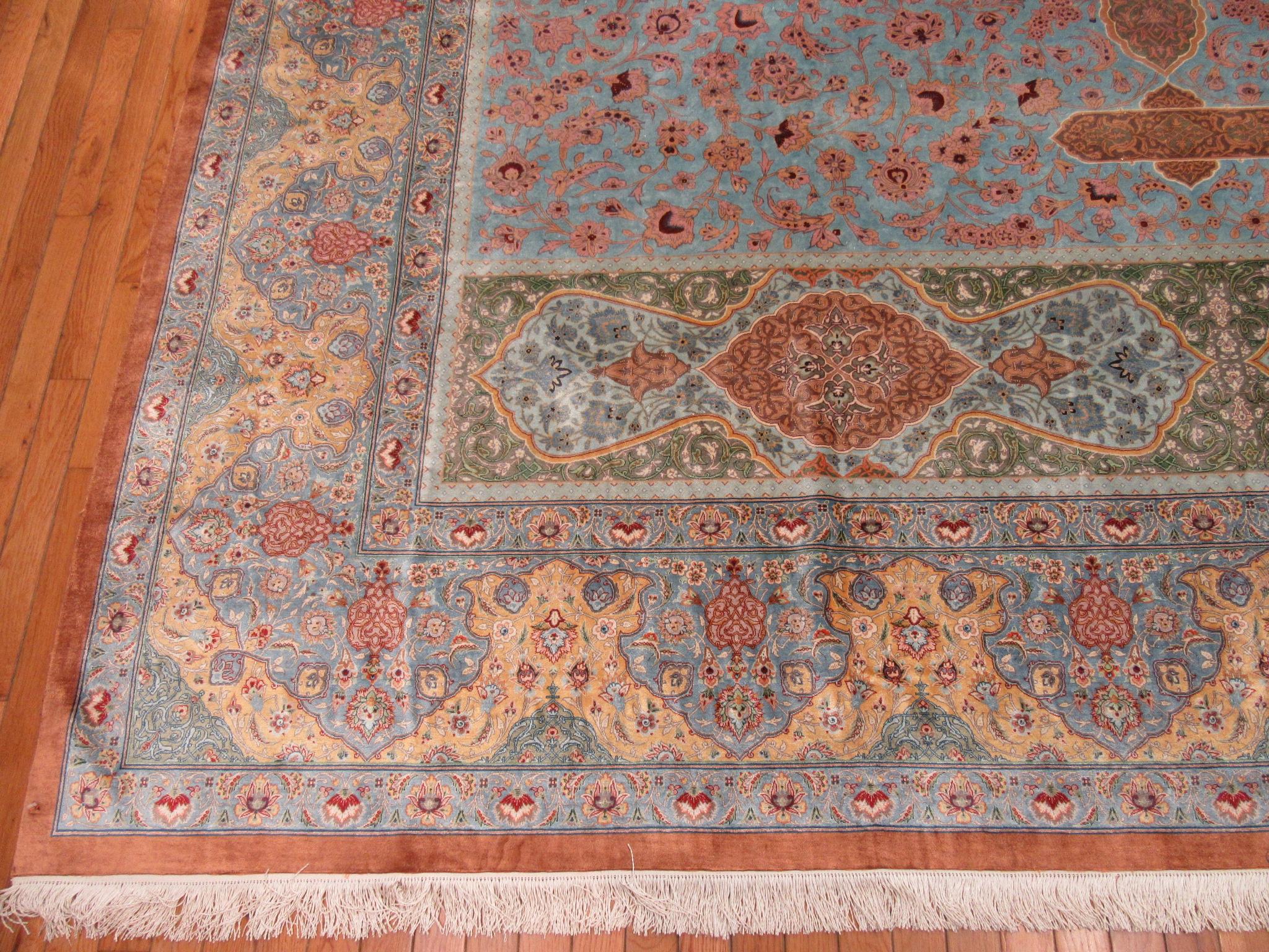 Room Size Hand Knotted Pure Silk Blue, Red Green Persian Qume Rug For Sale 4
