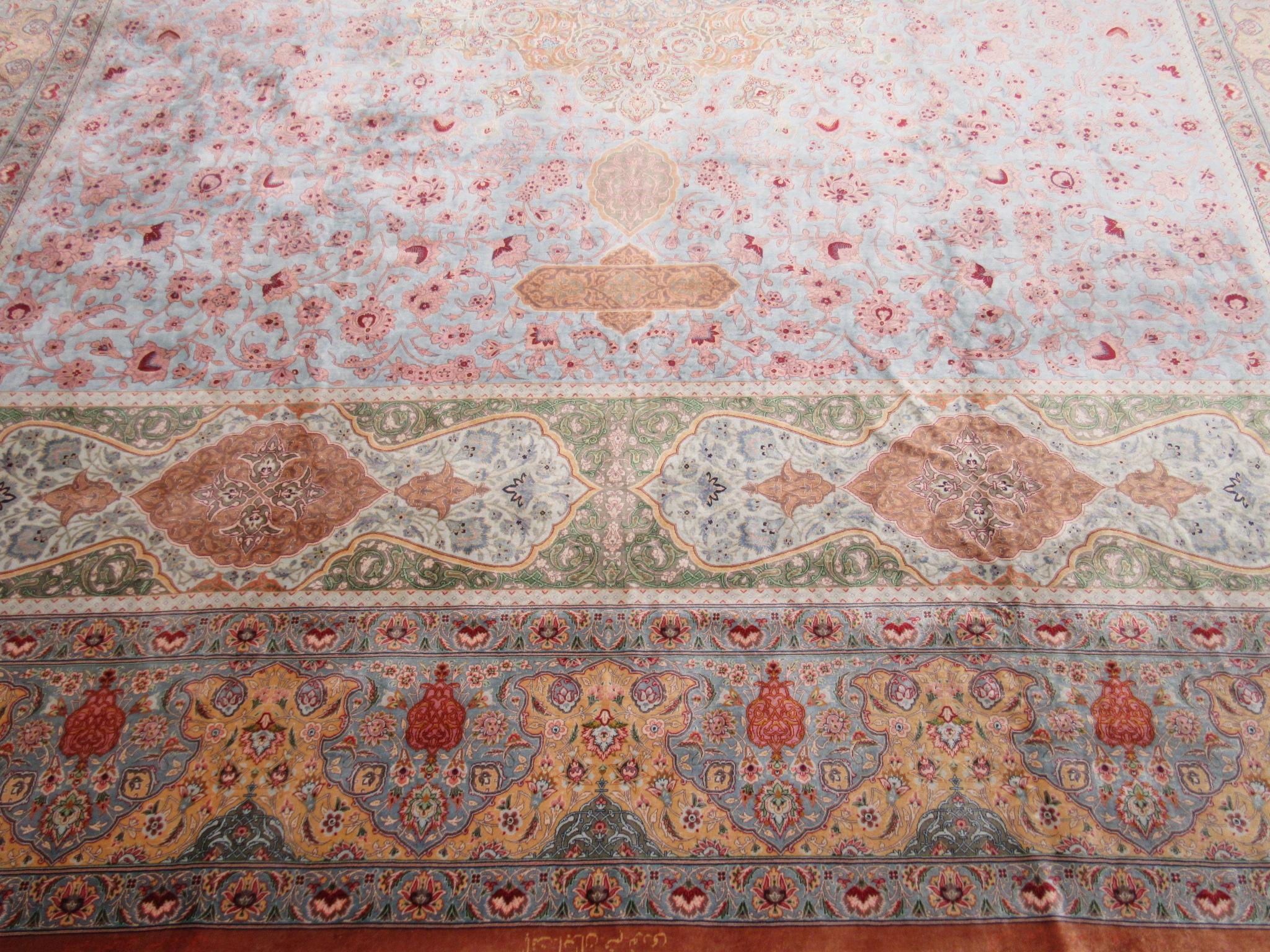 Room Size Hand Knotted Pure Silk Blue, Red Green Persian Qume Rug For Sale 7