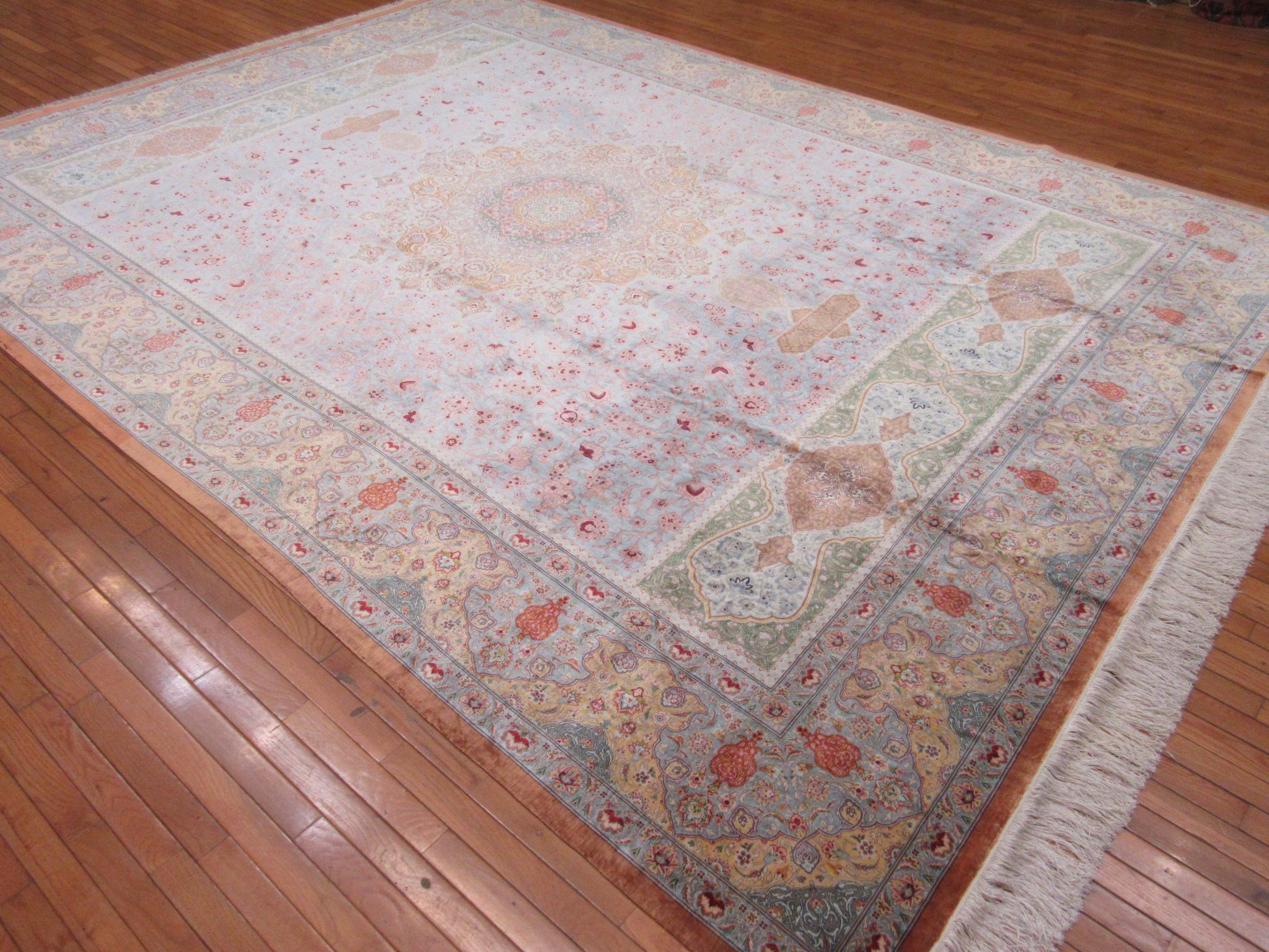 Room Size Hand Knotted Pure Silk Blue, Red Green Persian Qume Rug For Sale 8