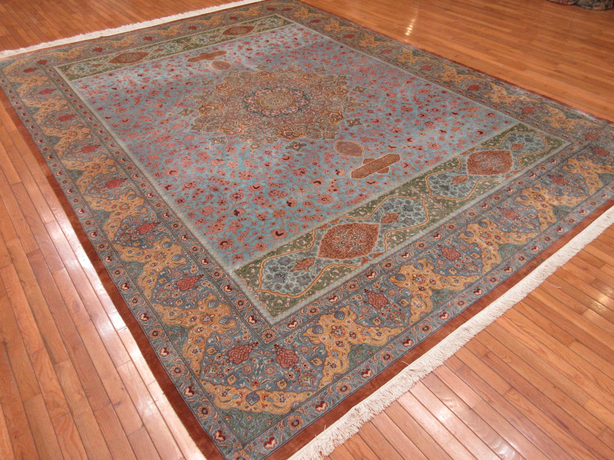 Room Size Hand Knotted Pure Silk Blue, Red Green Persian Qume Rug For Sale 9
