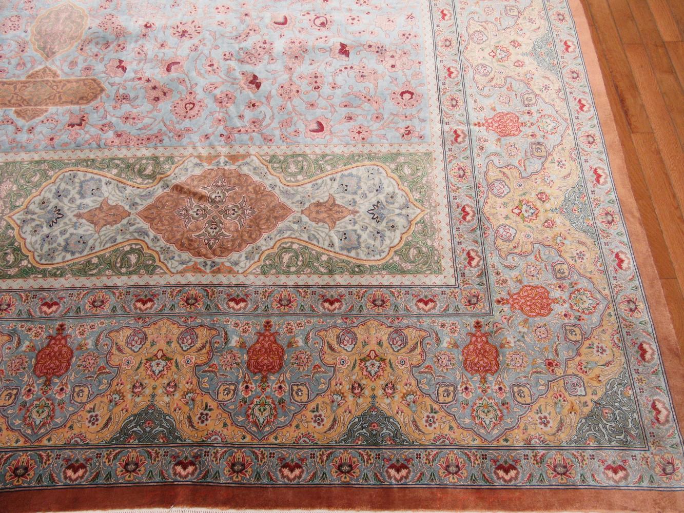 Room Size Hand Knotted Pure Silk Blue, Red Green Persian Qume Rug For Sale 11