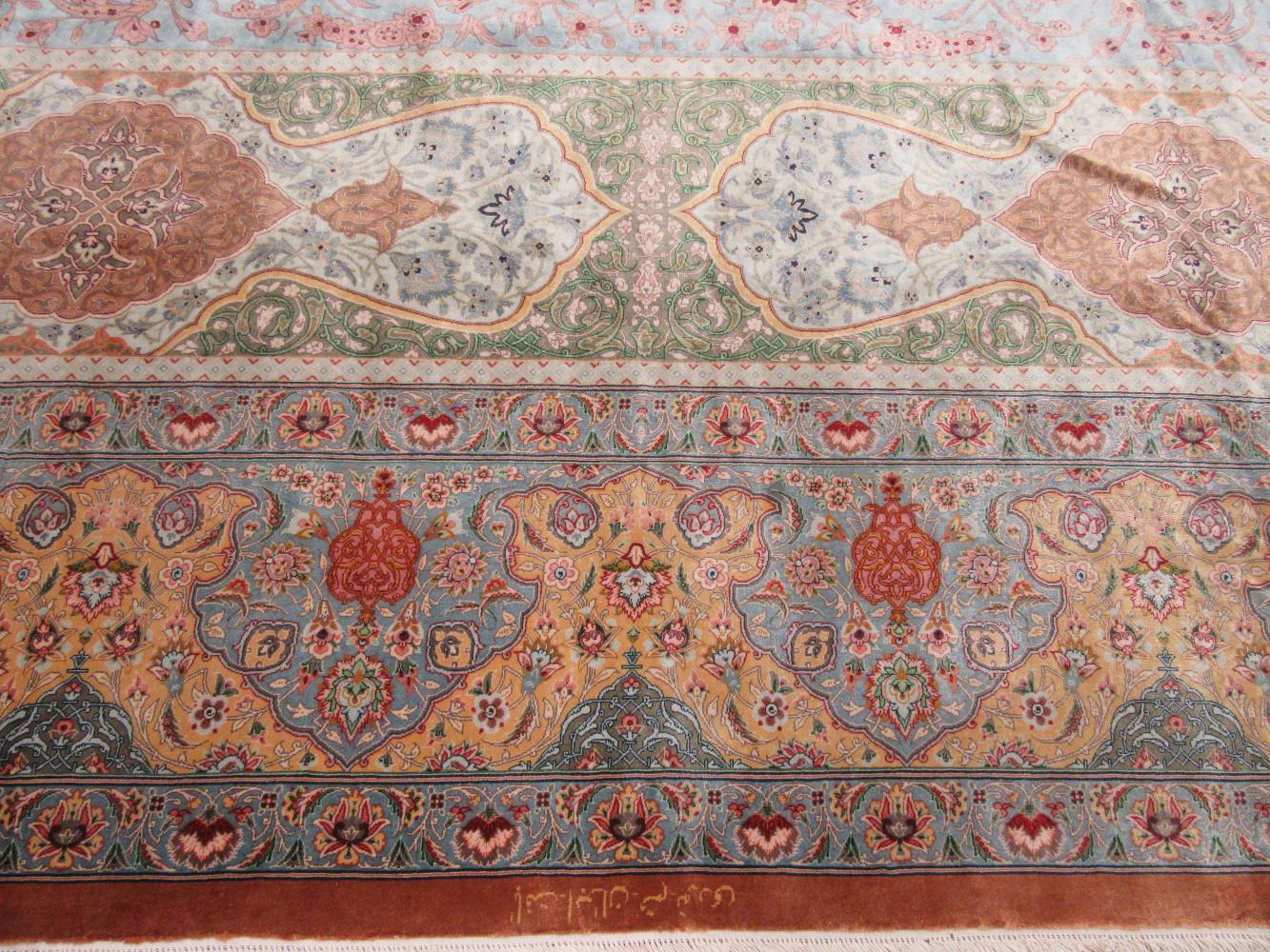 Room Size Hand Knotted Pure Silk Blue, Red Green Persian Qume Rug For Sale 12
