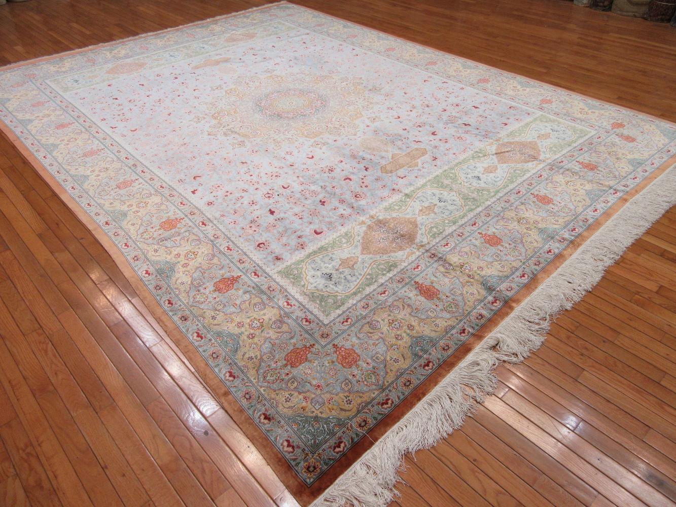 Room Size Hand Knotted Pure Silk Blue, Red Green Persian Qume Rug For Sale 14