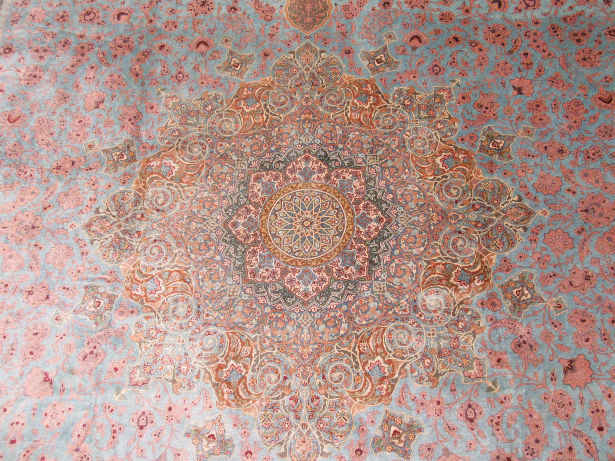 Room Size Hand Knotted Pure Silk Blue, Red Green Persian Qume Rug For Sale 2