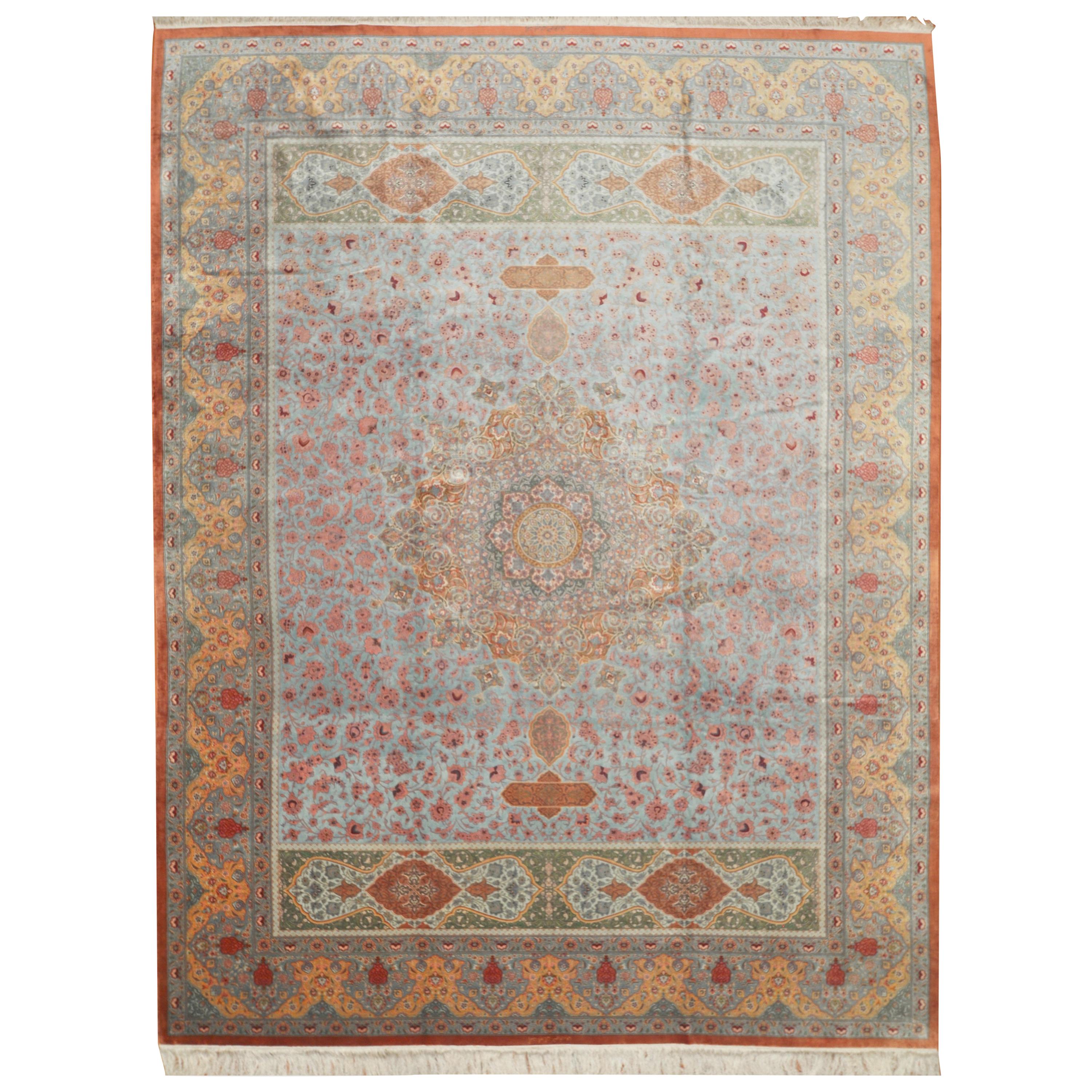 Room Size Hand Knotted Pure Silk Blue, Red Green Persian Qume Rug For Sale