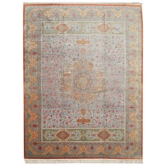 Room Size Hand Knotted Pure Silk Blue, Red Green Persian Qume Rug