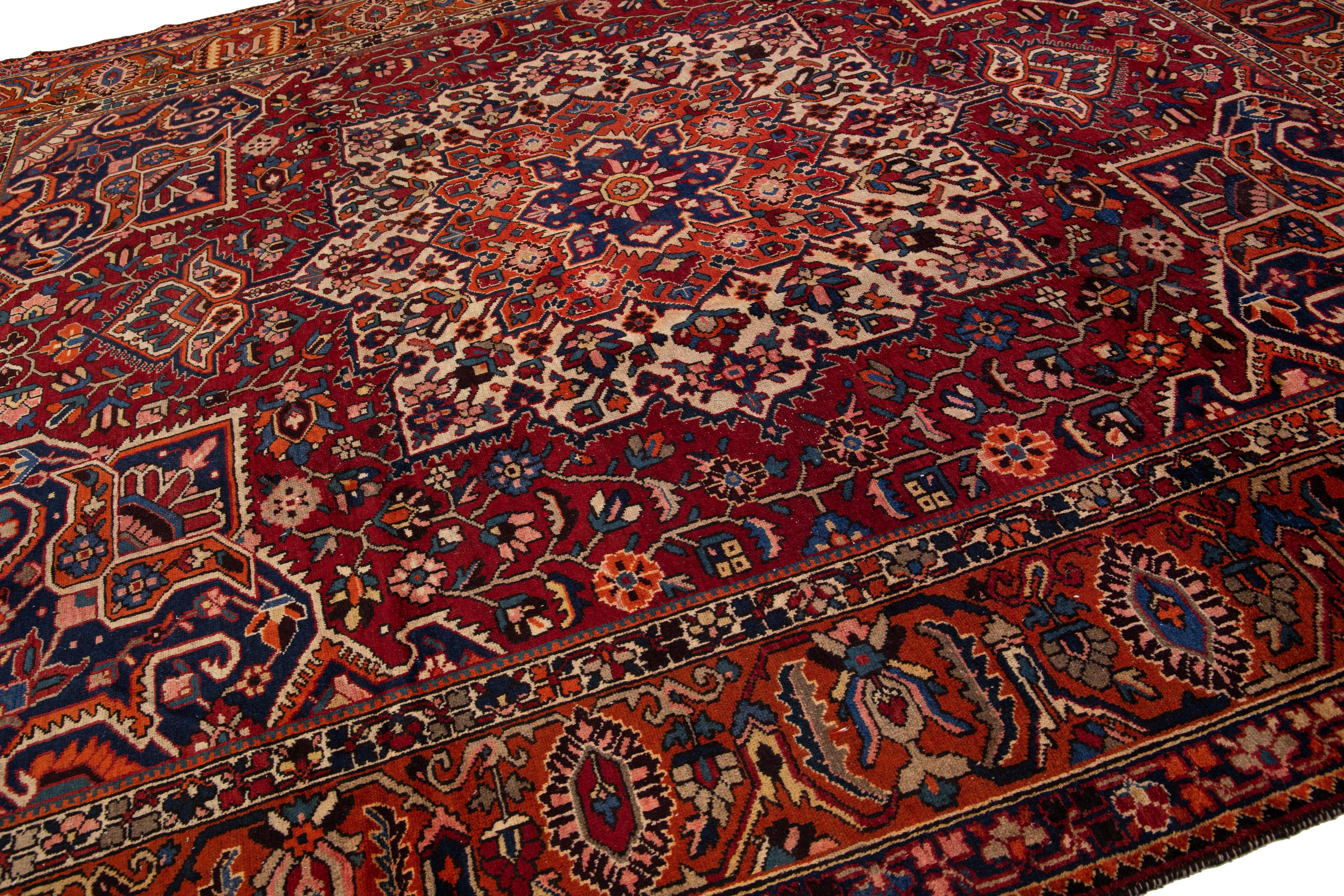 Islamic Room Size Handmade Antique Bakhtiari Persian Wool Rug in Red For Sale