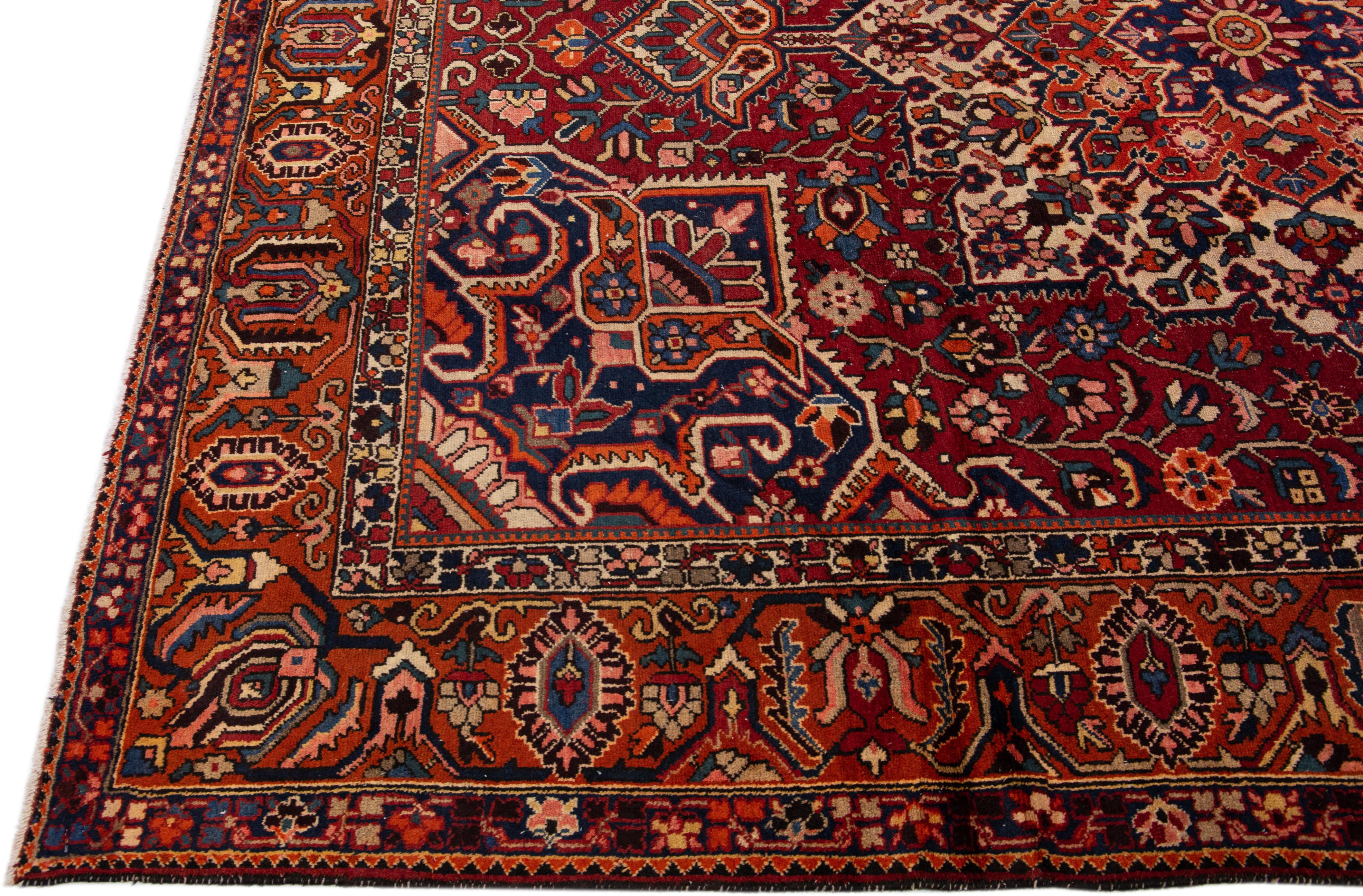 Hand-Knotted Room Size Handmade Antique Bakhtiari Persian Wool Rug in Red For Sale