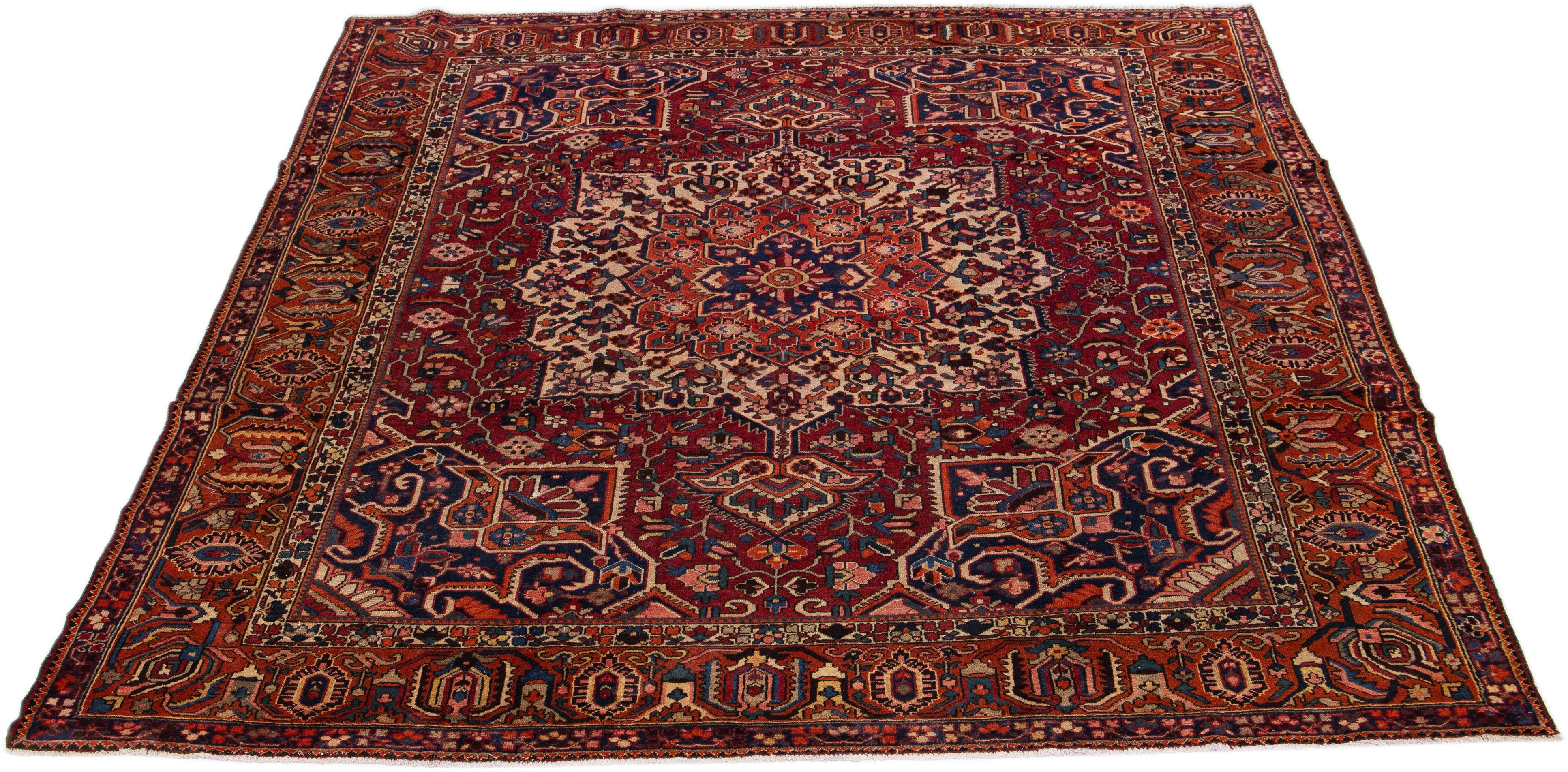 Room Size Handmade Antique Bakhtiari Persian Wool Rug in Red In Good Condition For Sale In Norwalk, CT