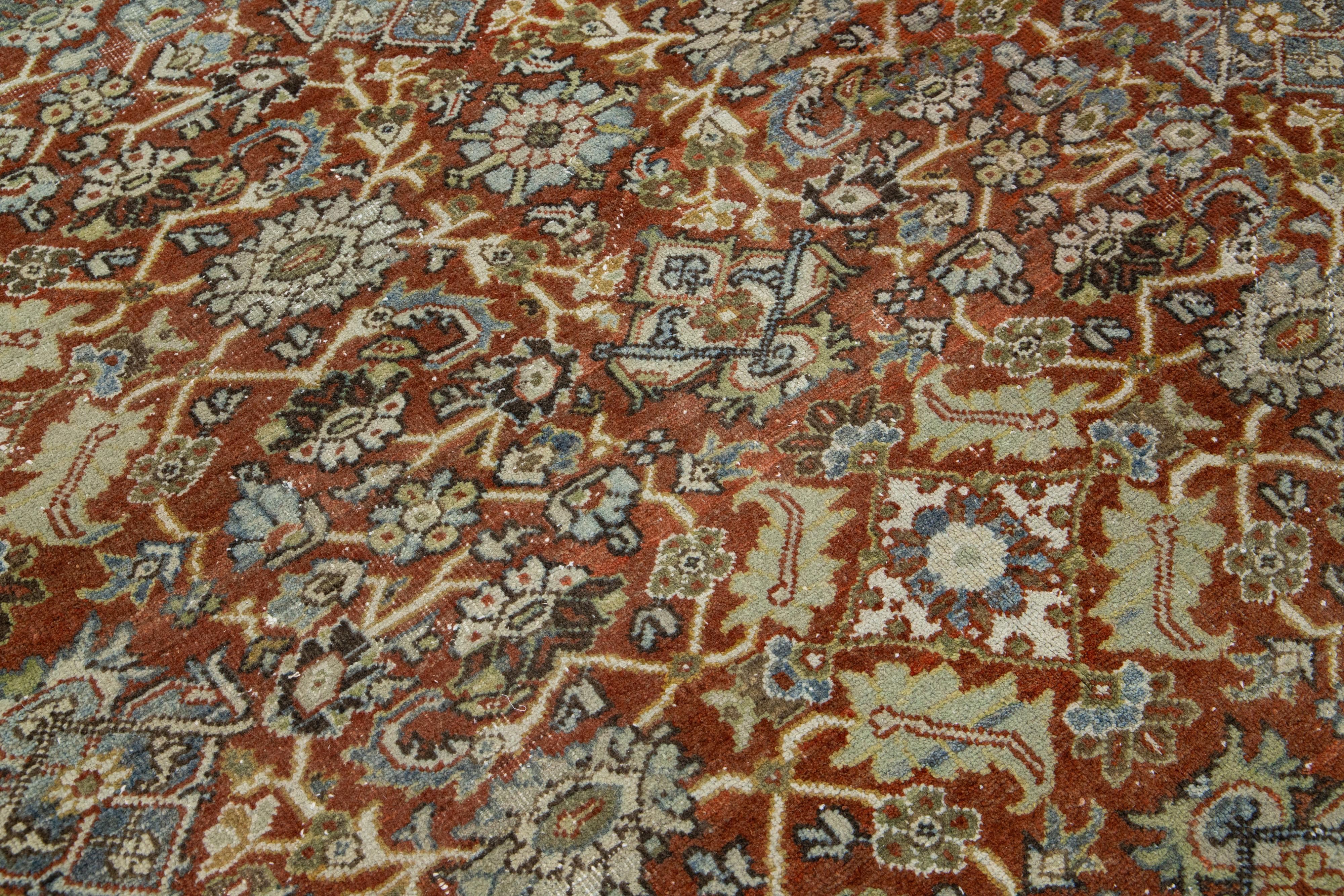 Hand-Knotted Room Size Handmade Mahal Rust Wool Rug Vintage Designed  For Sale