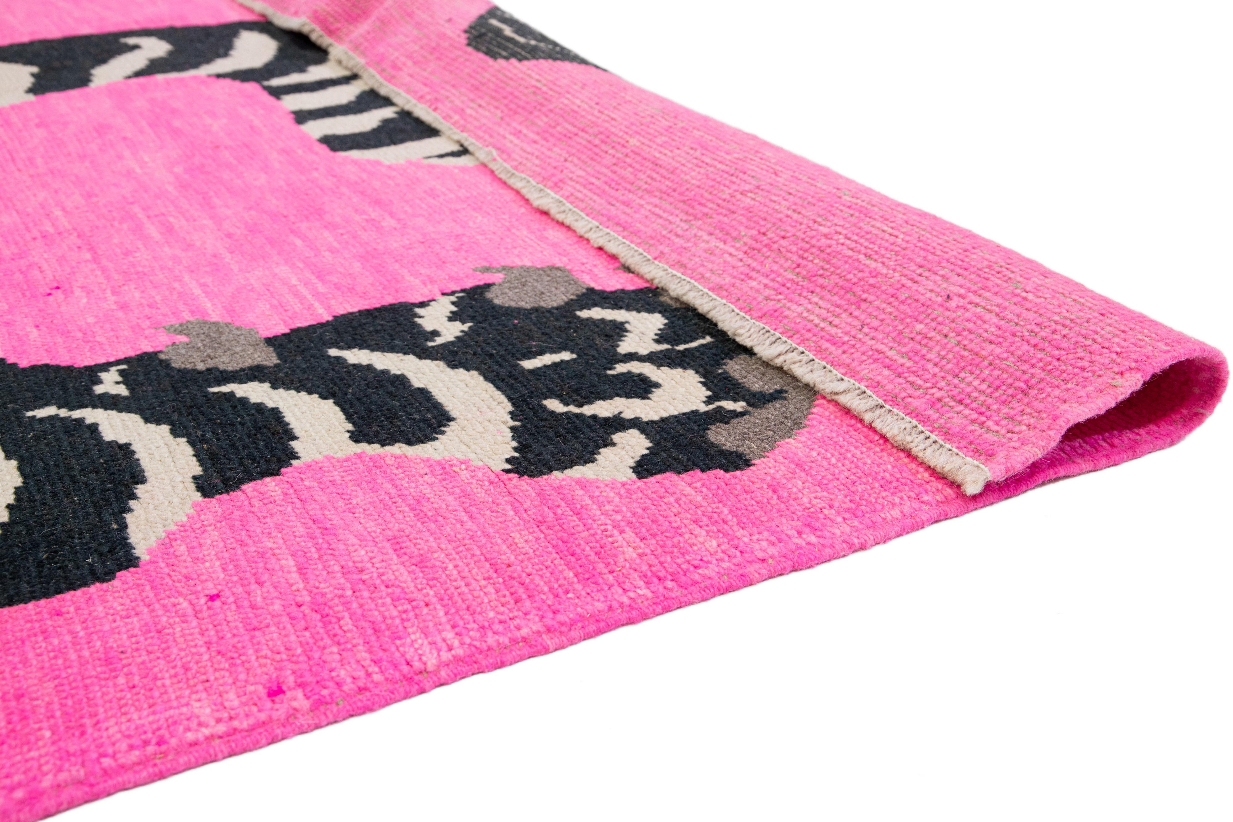 Art Deco Room Size Handmade Turkish Wool Rug In Pink With A Tiger Motif  For Sale