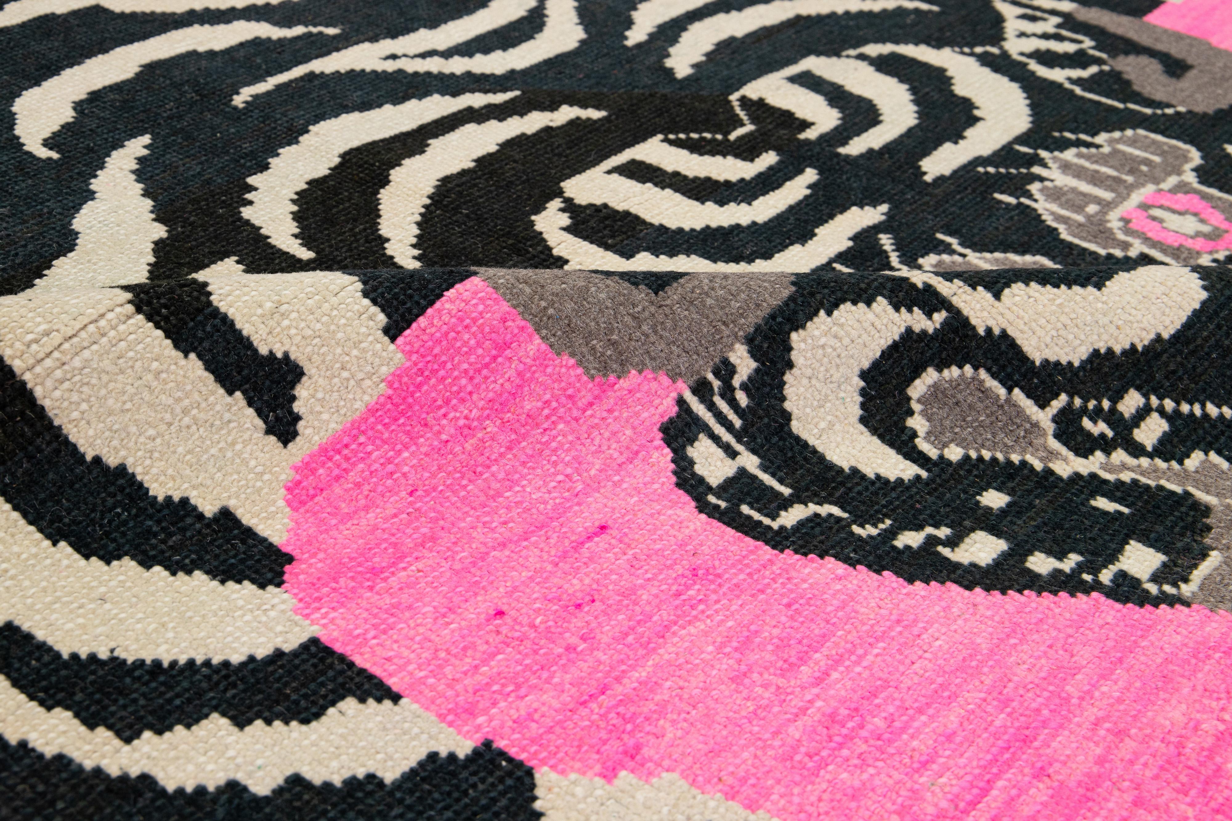 Hand-Knotted Room Size Handmade Turkish Wool Rug In Pink With A Tiger Motif  For Sale