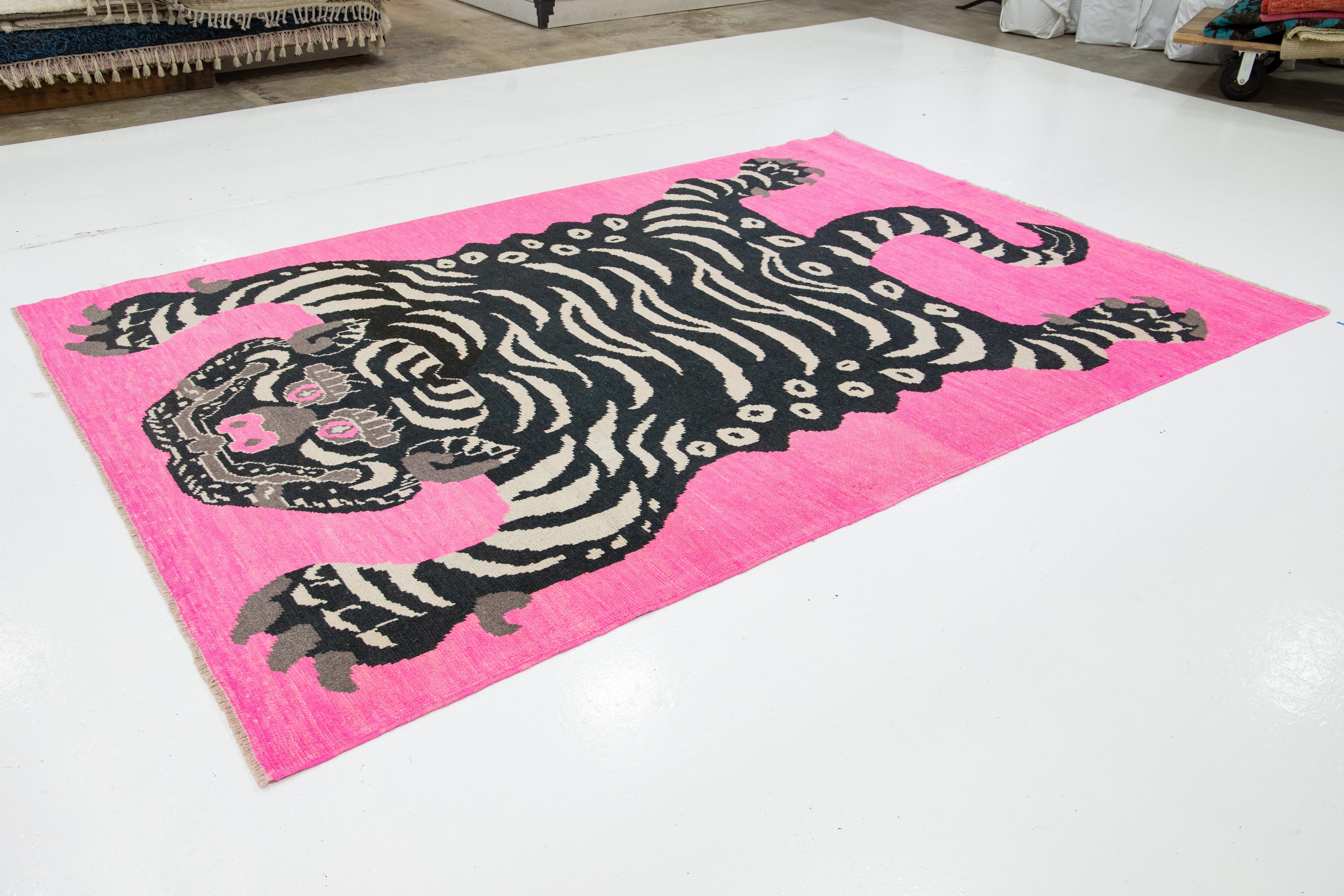 Room Size Handmade Turkish Wool Rug In Pink With A Tiger Motif  In New Condition For Sale In Norwalk, CT