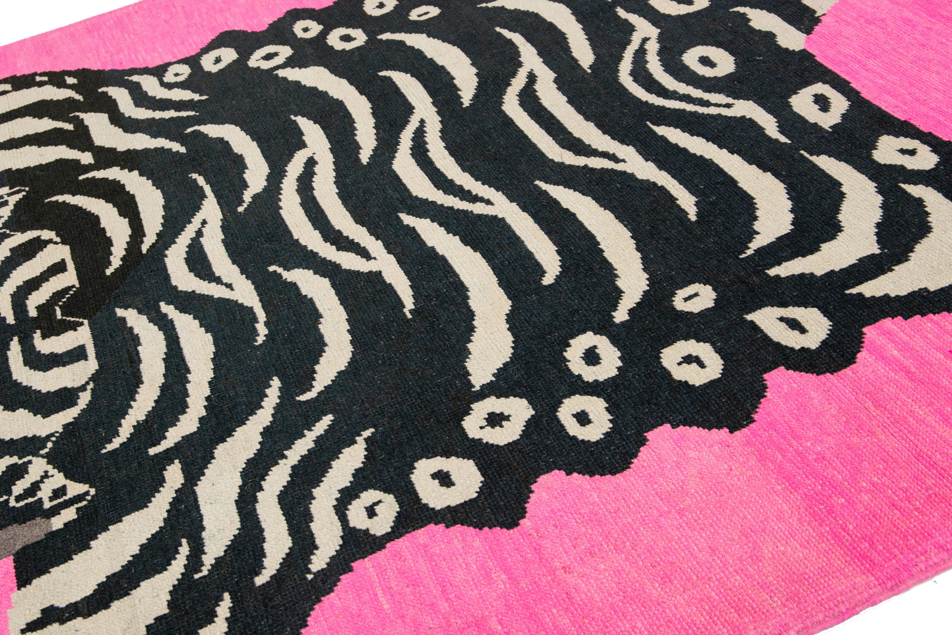 Contemporary Room Size Handmade Turkish Wool Rug In Pink With A Tiger Motif  For Sale