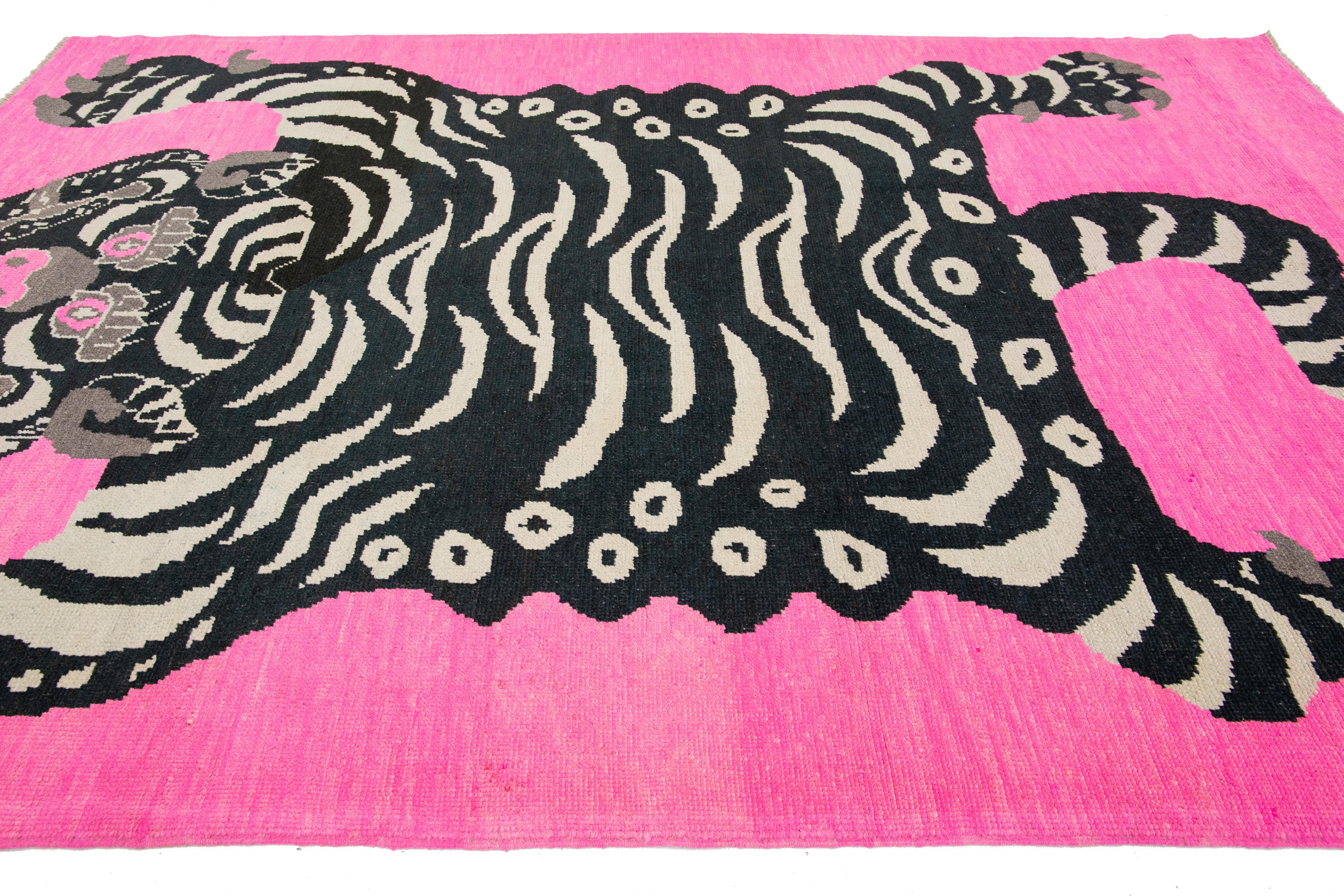 Room Size Handmade Turkish Wool Rug In Pink With A Tiger Motif  For Sale 1