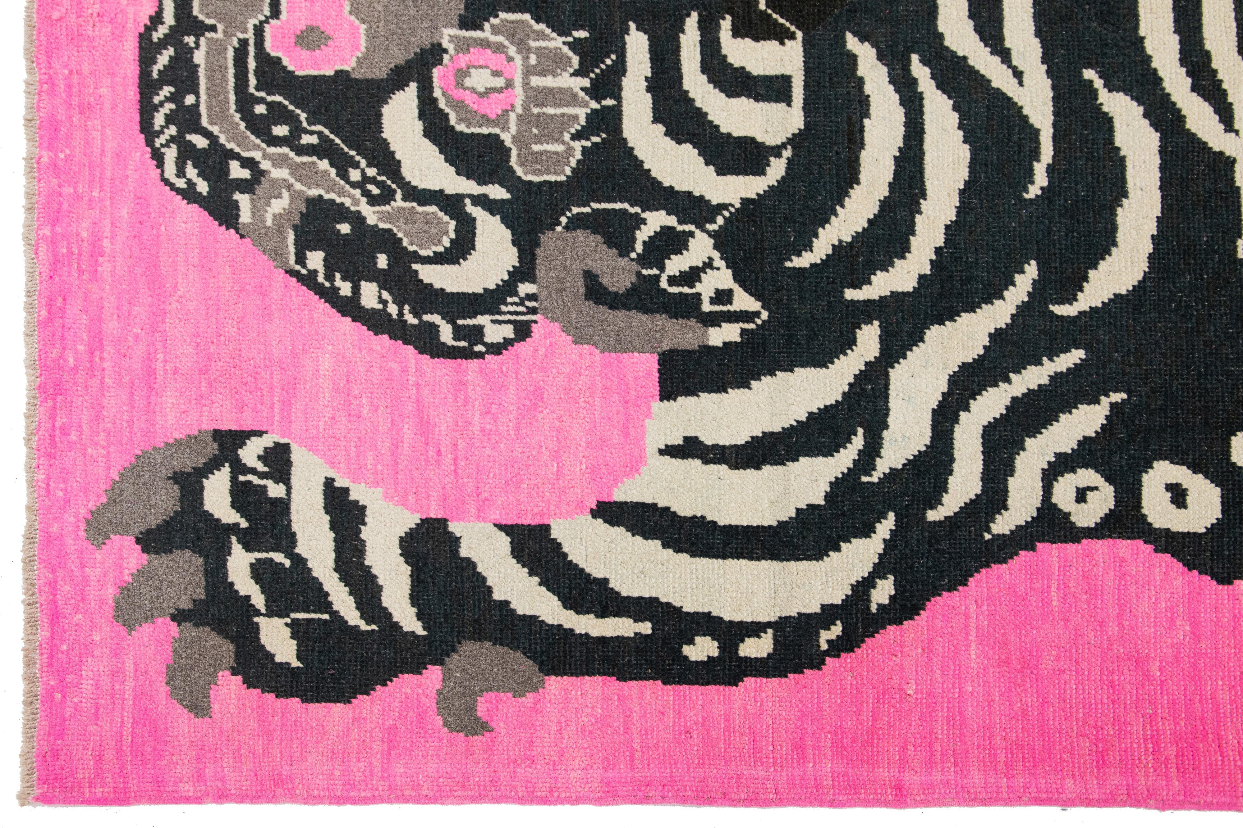 Room Size Handmade Turkish Wool Rug In Pink With A Tiger Motif  For Sale 2