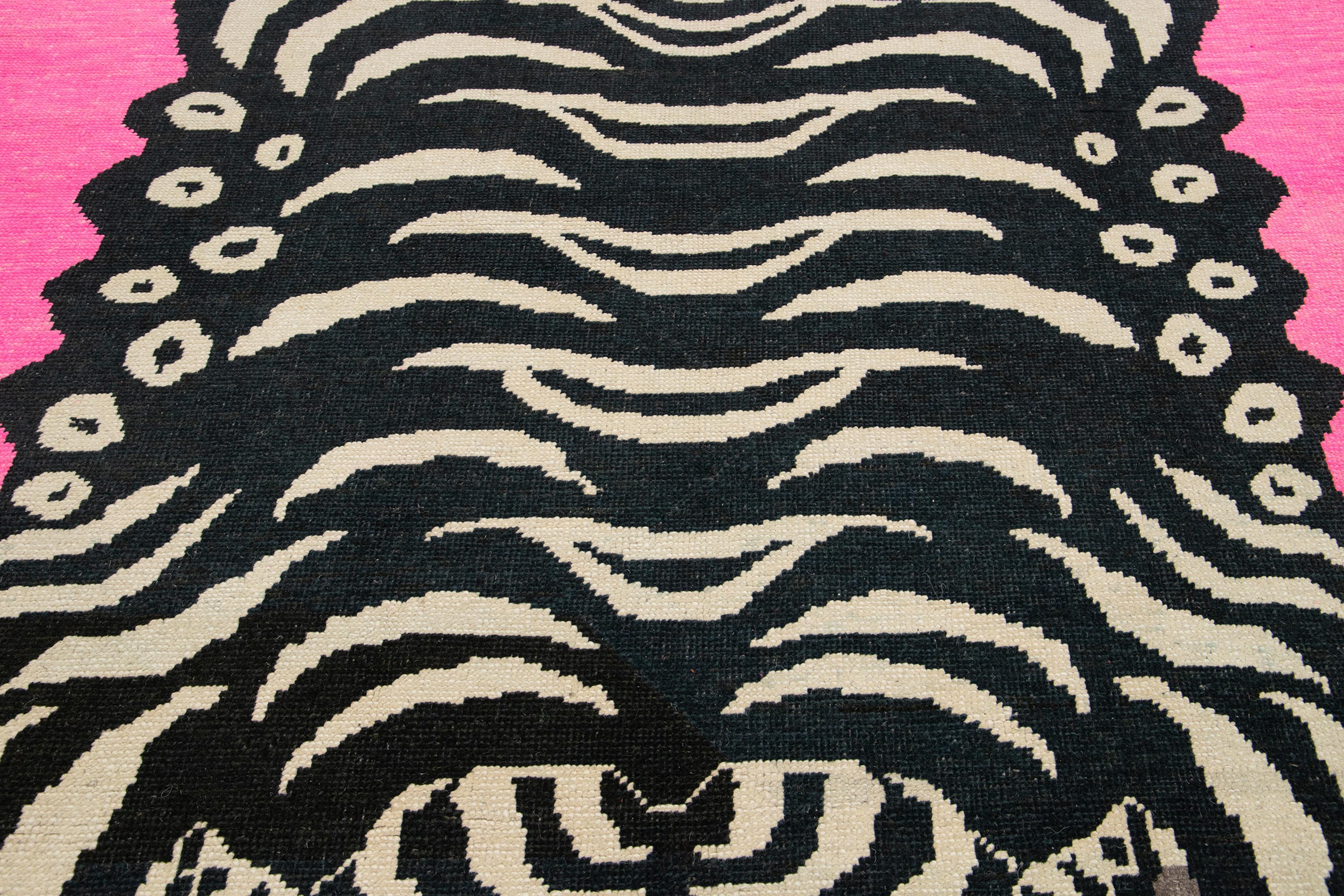 Room Size Handmade Turkish Wool Rug In Pink With A Tiger Motif  For Sale 3