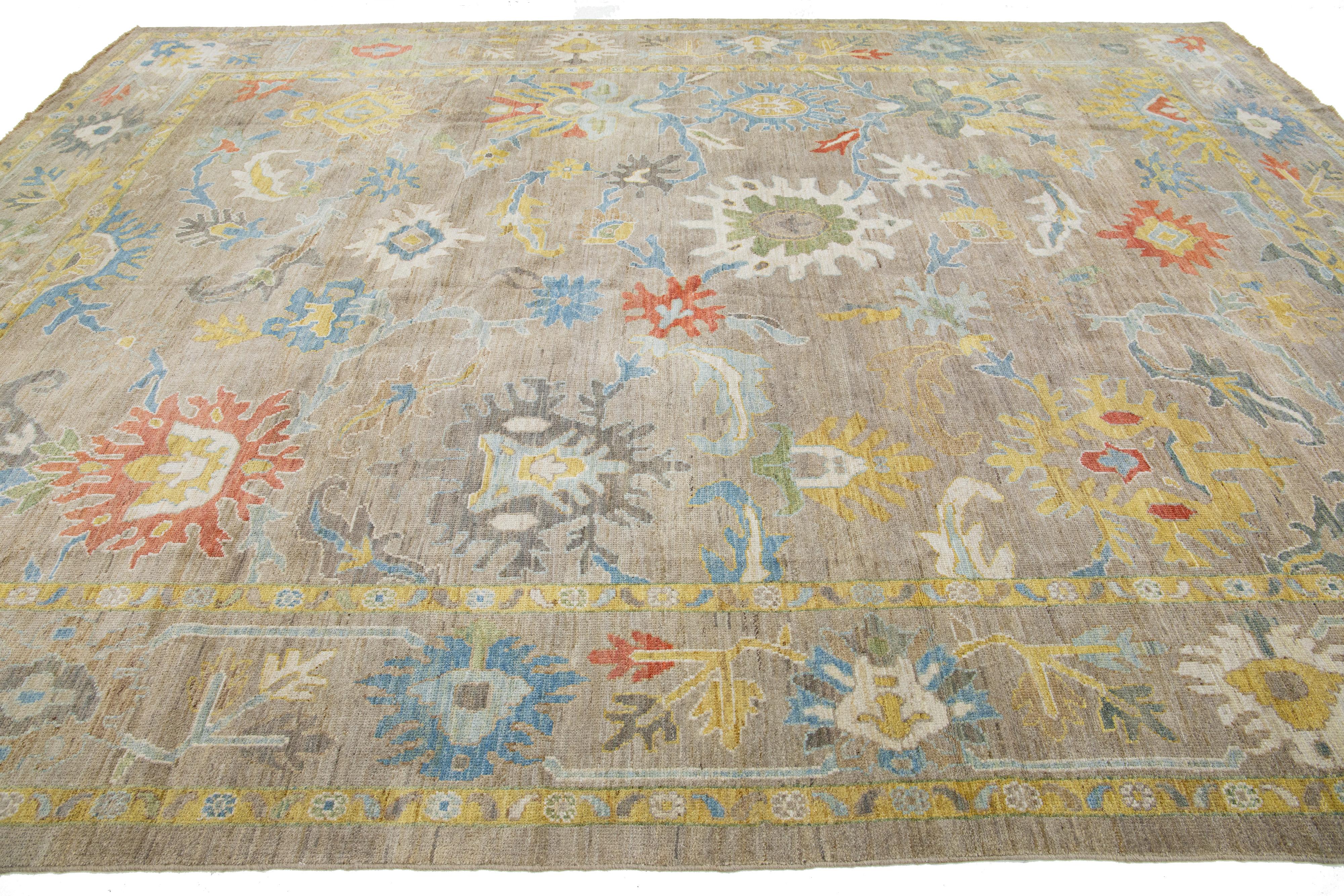 Pakistani Room Size Handmade Wool Rug Contemporary Floral Mahal In Light Brown For Sale