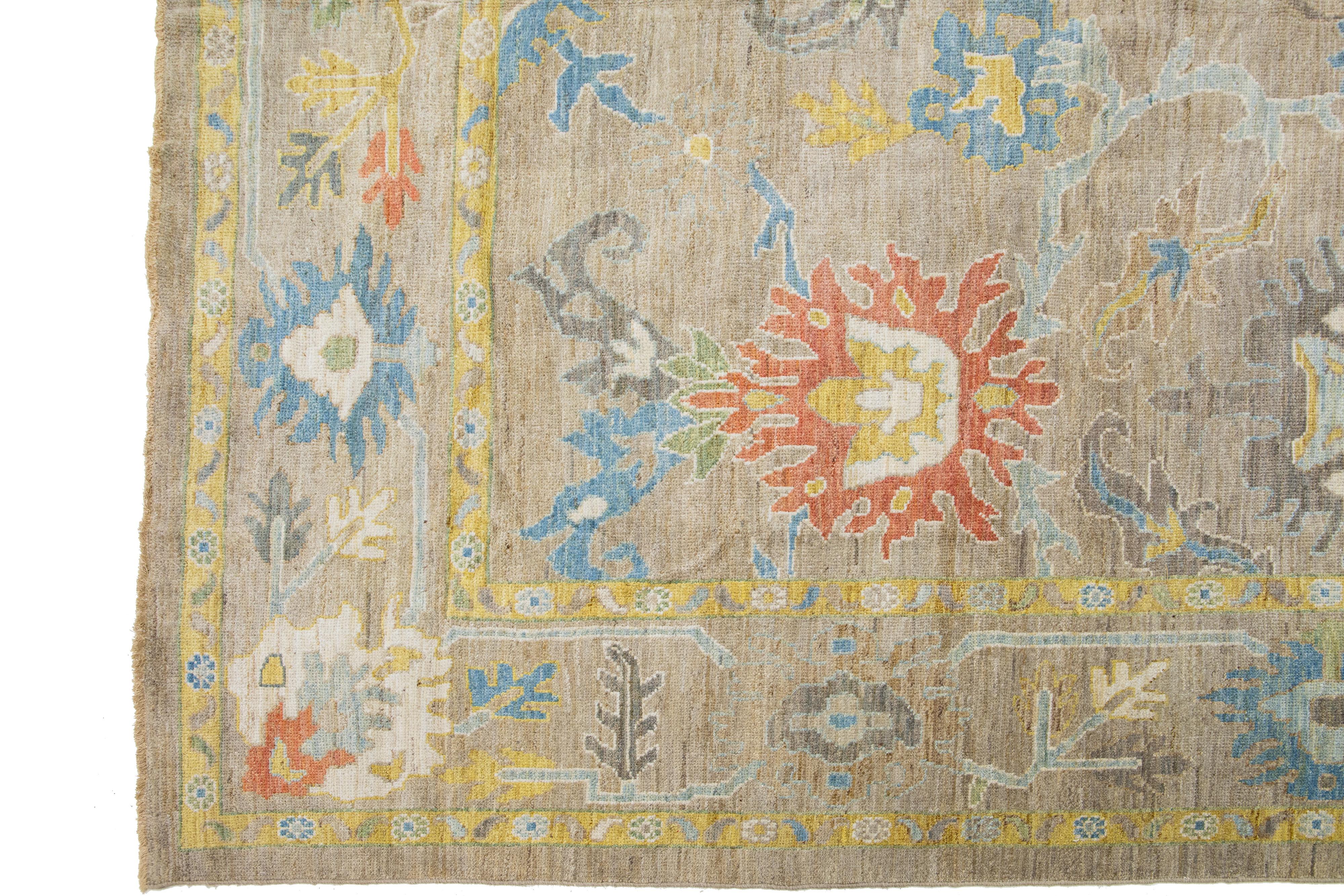 Hand-Knotted Room Size Handmade Wool Rug Contemporary Floral Mahal In Light Brown For Sale
