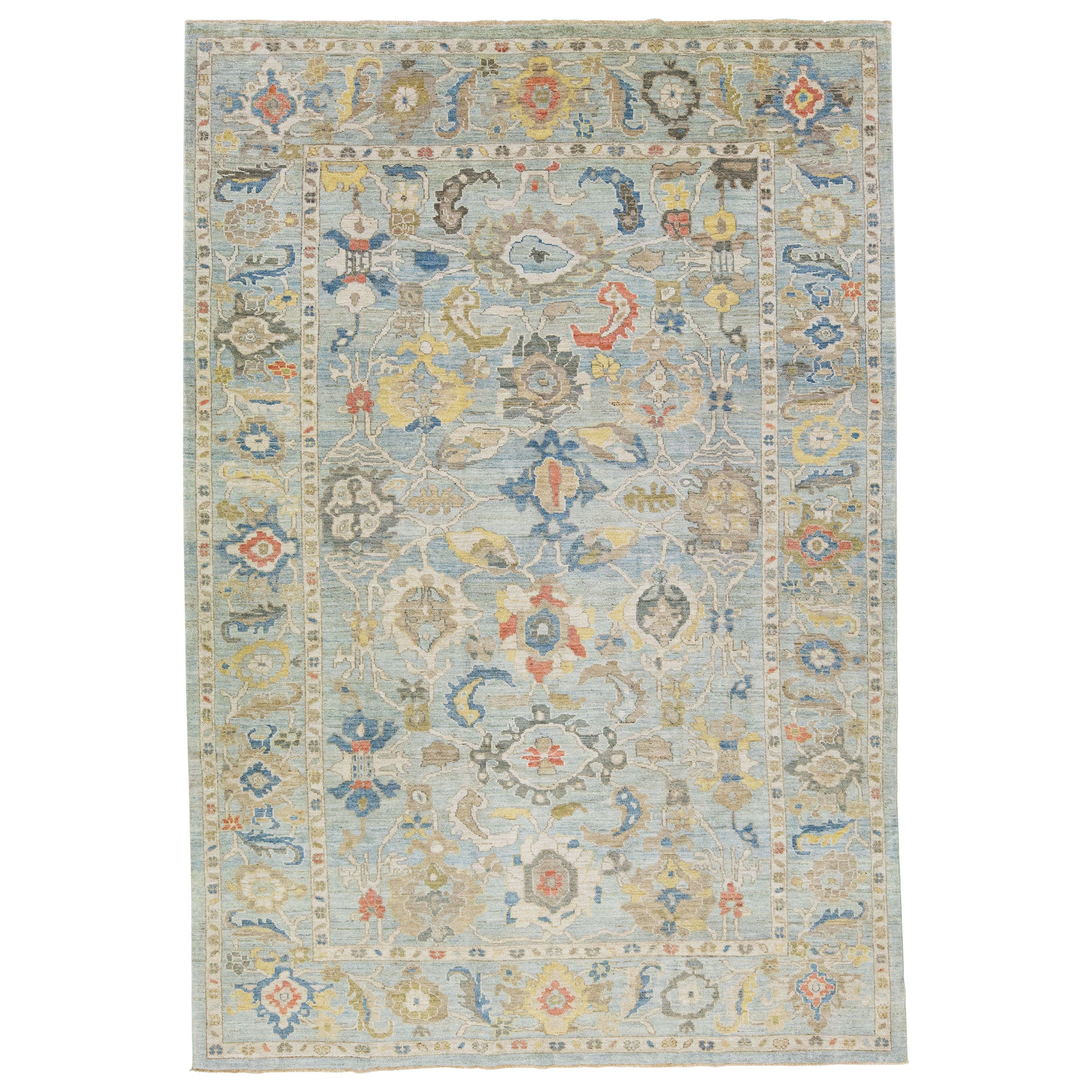 Raumgröße Hellblau Modern Floral Sultanabad Wollteppich