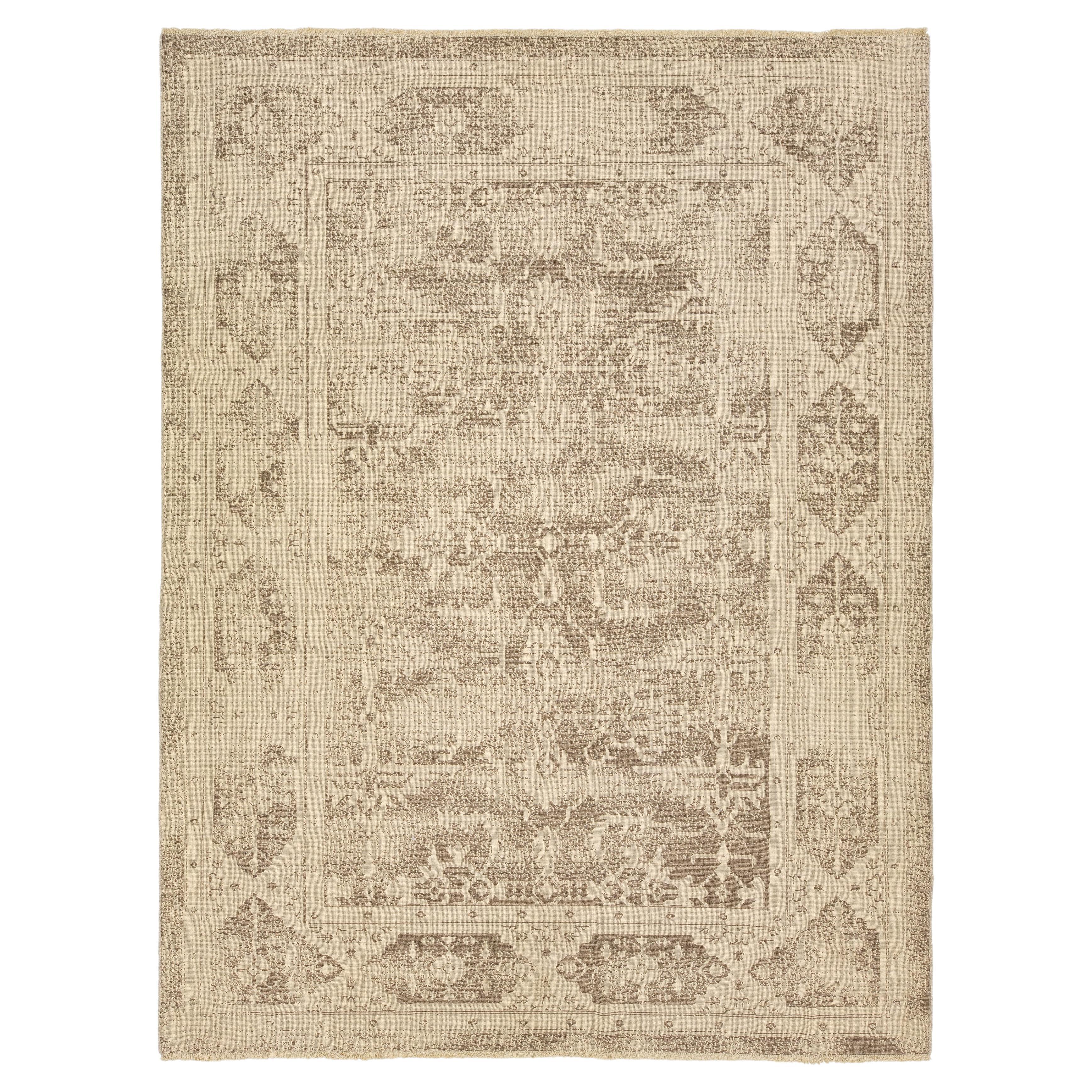 Room Size Modern Beige Wool Rug Hand Loom With Allover Design For Sale