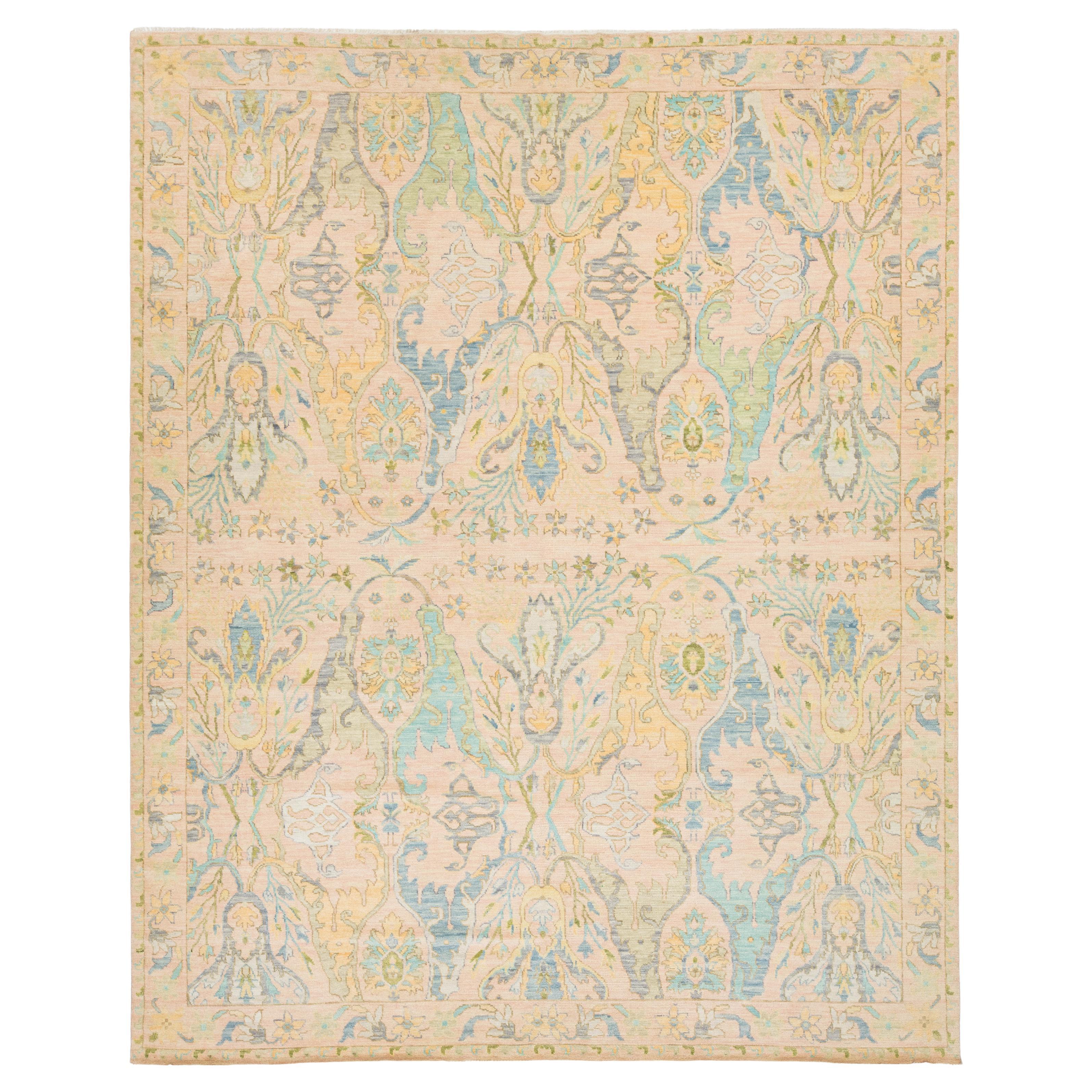 Room Size Modern Floral Oushak Style Wool Rug Handmade In Peach