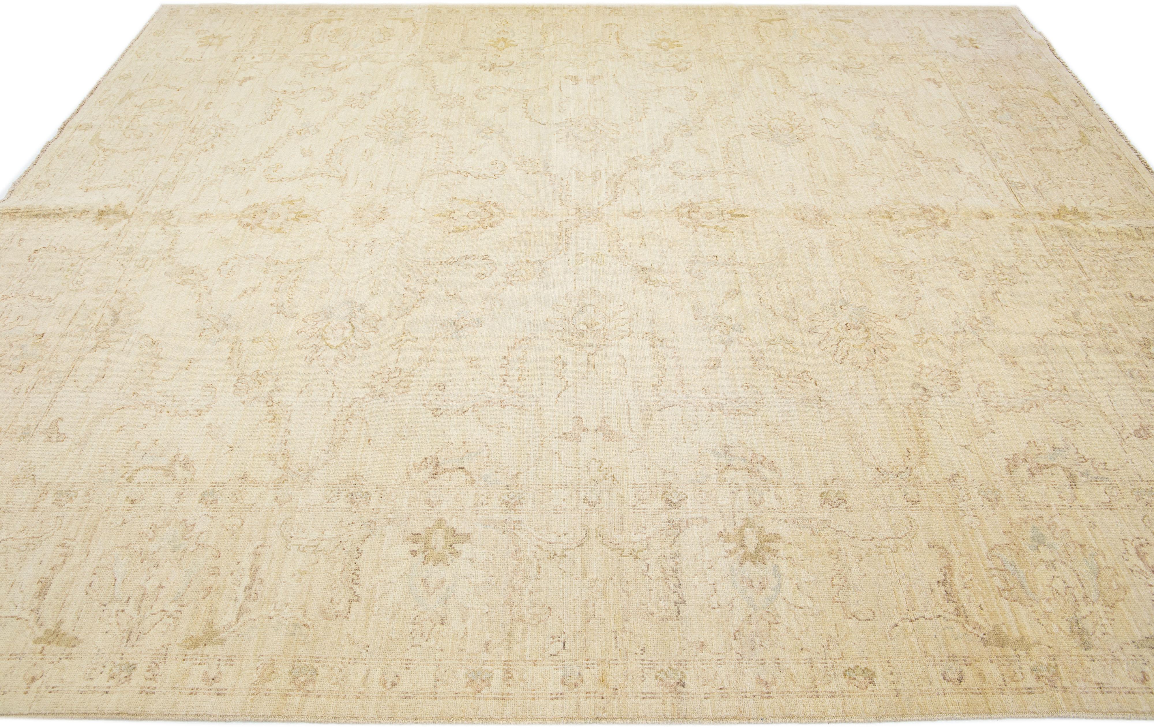 Hand-Knotted Room Size Modern Khotan Style Wool Rug with Floral Pattern in Beige For Sale