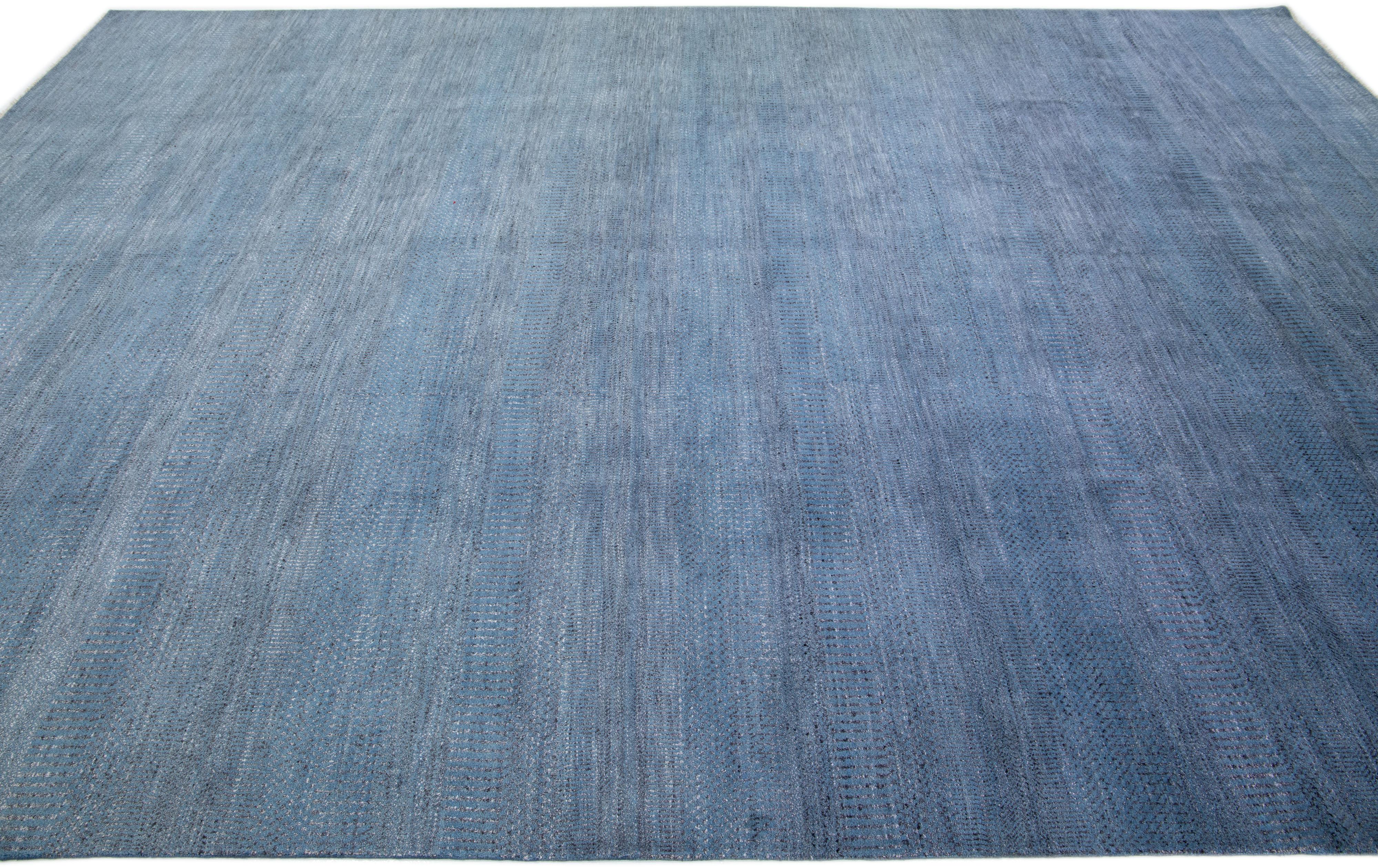Hand-Knotted Room Size Modern Savannah Wool Rug with Blue Geometric Design For Sale