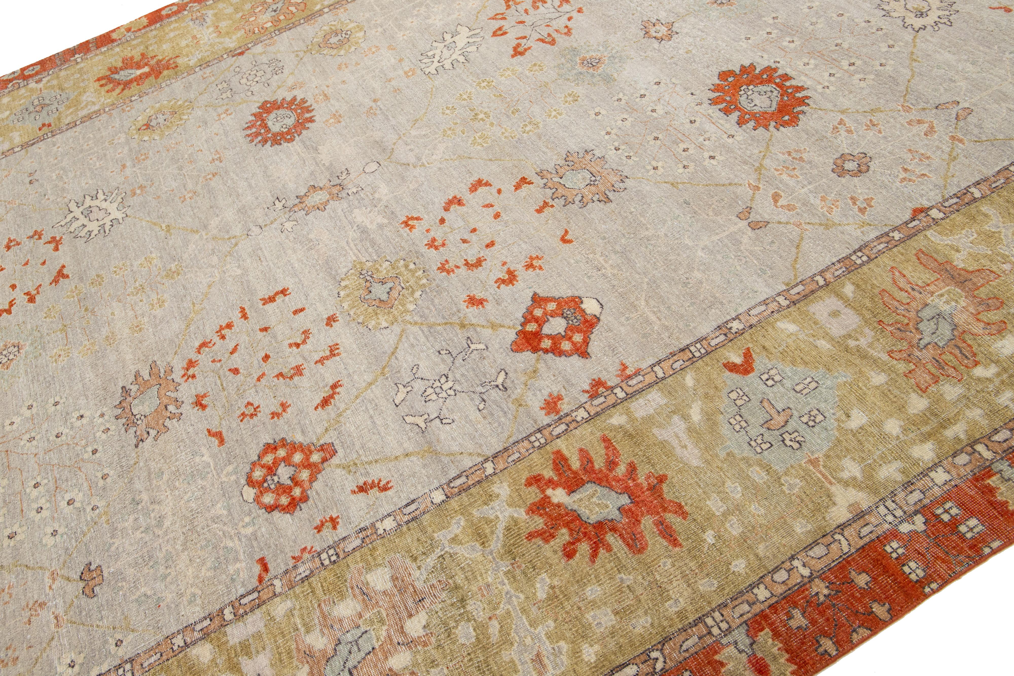 Hand-Knotted Room Size Modern Tabriz Indian Wool Rug in Gray & Orange by Apadana For Sale