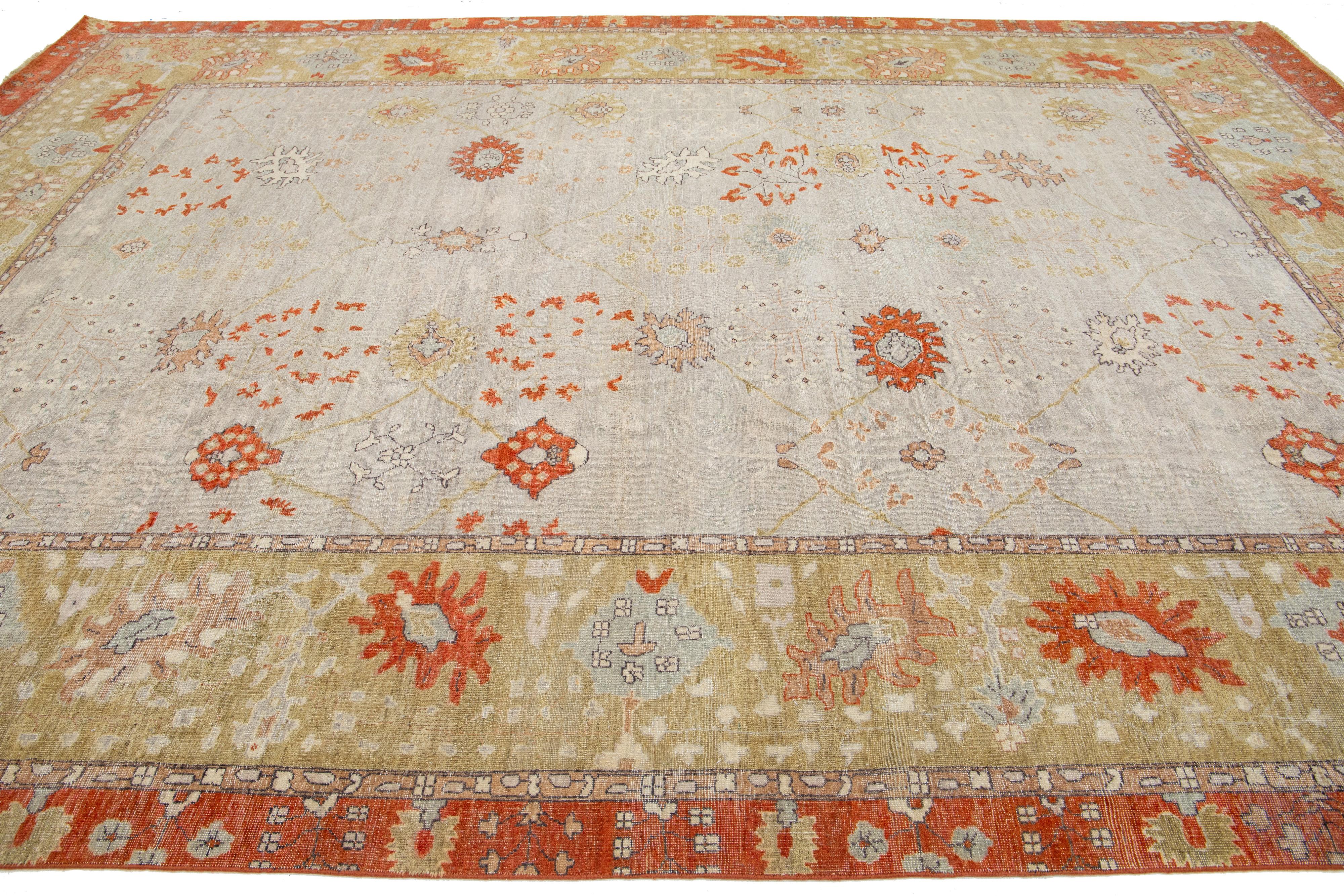 Room Size Modern Tabriz Indian Wool Rug in Gray & Orange by Apadana In New Condition For Sale In Norwalk, CT