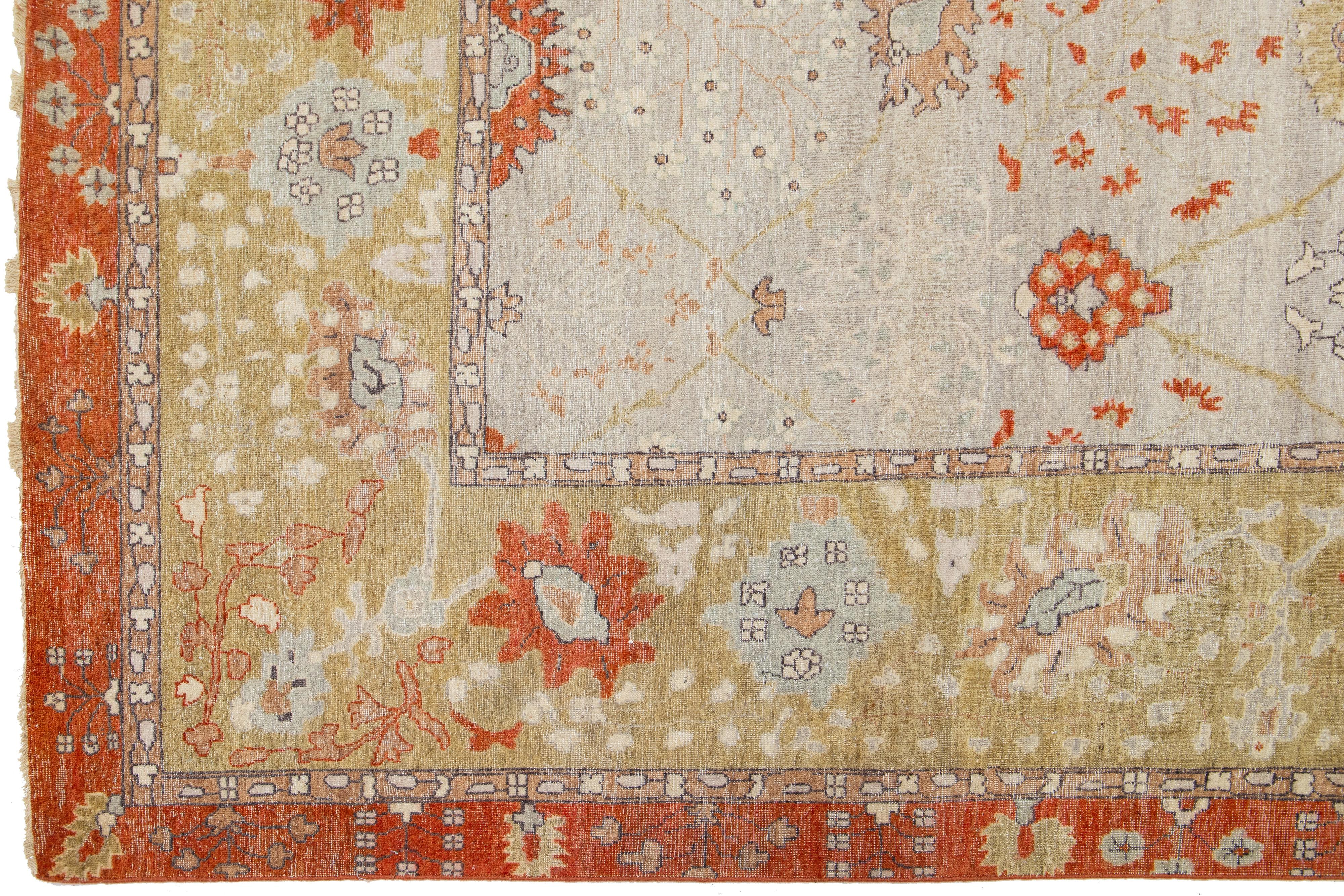 Contemporary Room Size Modern Tabriz Indian Wool Rug in Gray & Orange by Apadana For Sale