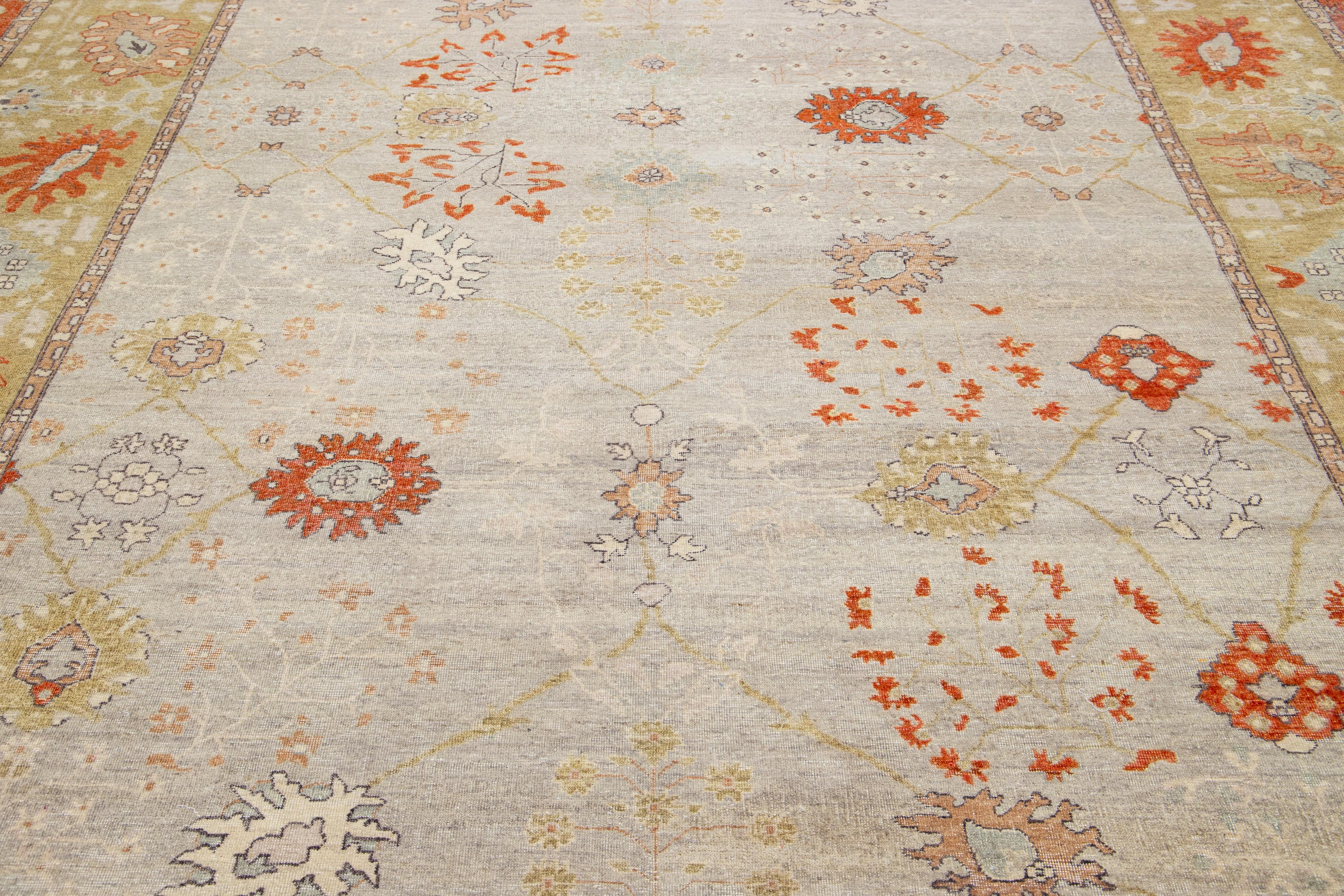 Room Size Modern Tabriz Indian Wool Rug in Gray & Orange by Apadana For Sale 1