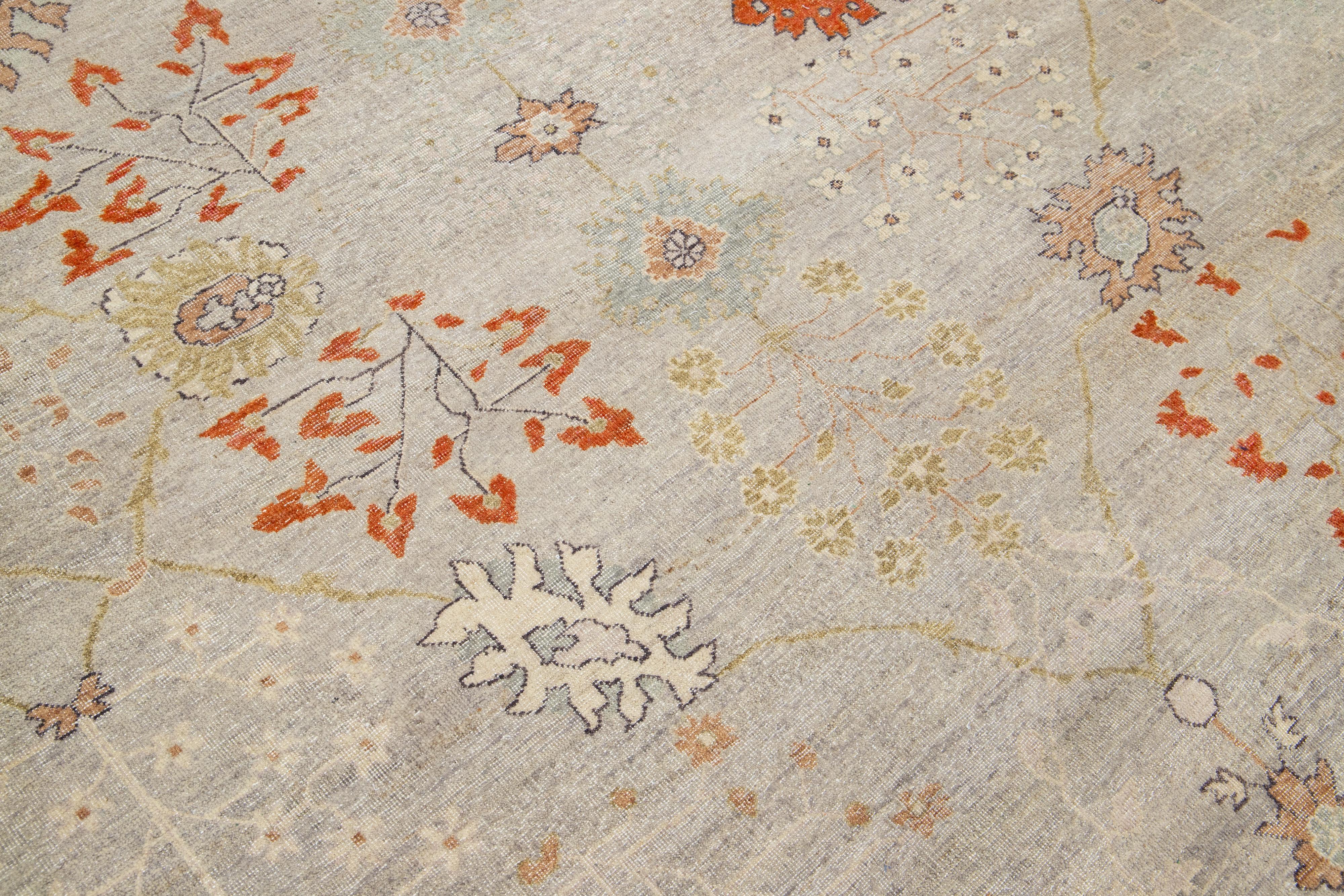 Room Size Modern Tabriz Indian Wool Rug in Gray & Orange by Apadana For Sale 2