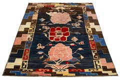 Room Size Modern Wool Rug Moroccan Style In Blue With Multicolor Pattern