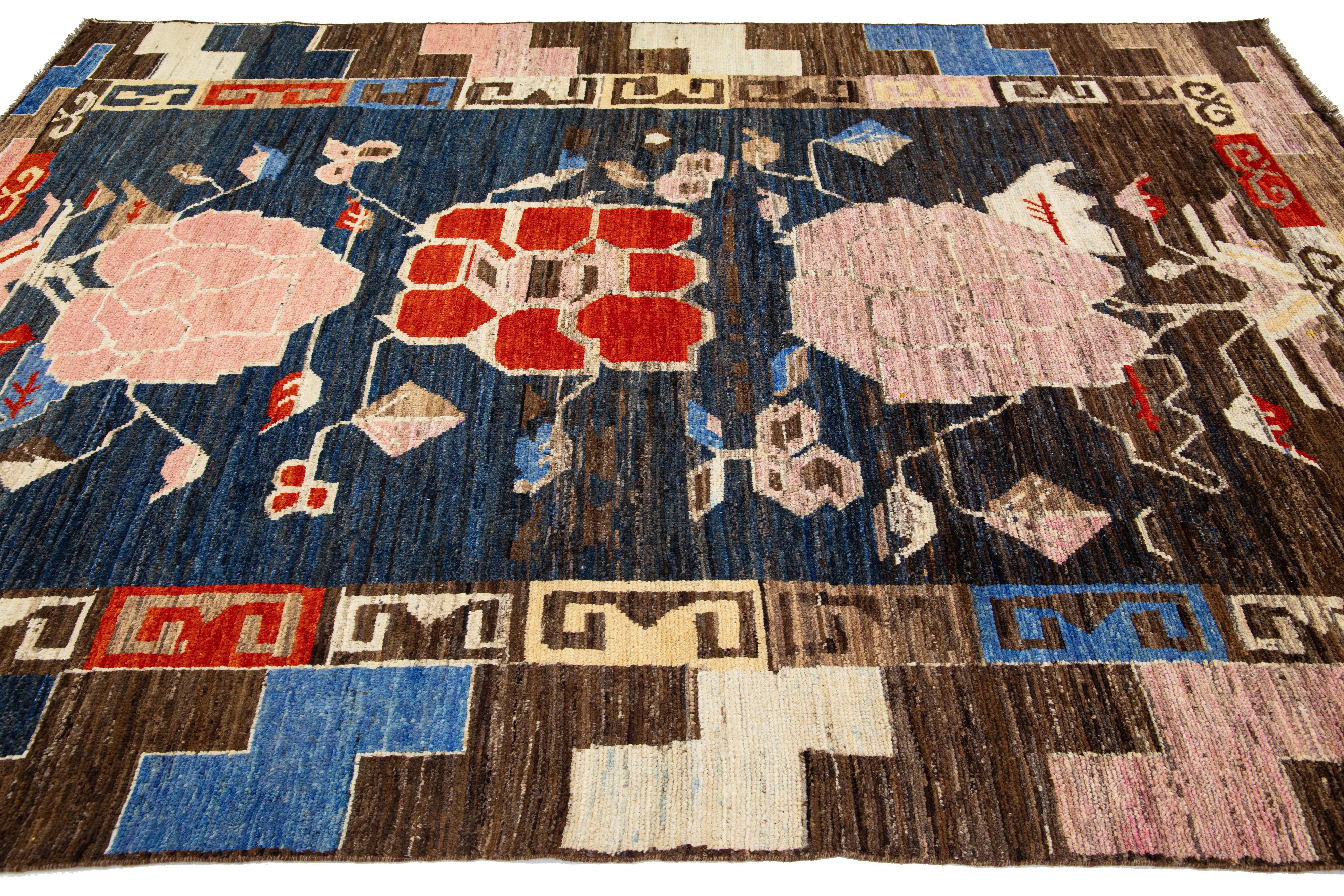 Room Size Modern Wool Rug Moroccan Style In Blue With Multicolor Pattern In New Condition For Sale In Norwalk, CT