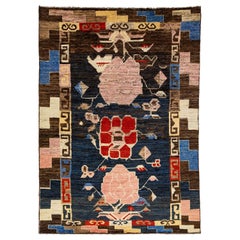 Room Size Modern Wool Rug Moroccan Style In Blue With Multicolor Pattern